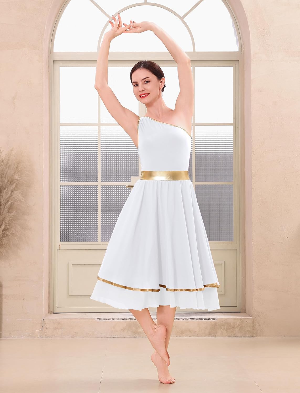 IDOPIP Metallic Color Block Praise Dance Overlay Dress for Women Asymmetrical One Shoulder Worship Tunic Liturgical Dancewear