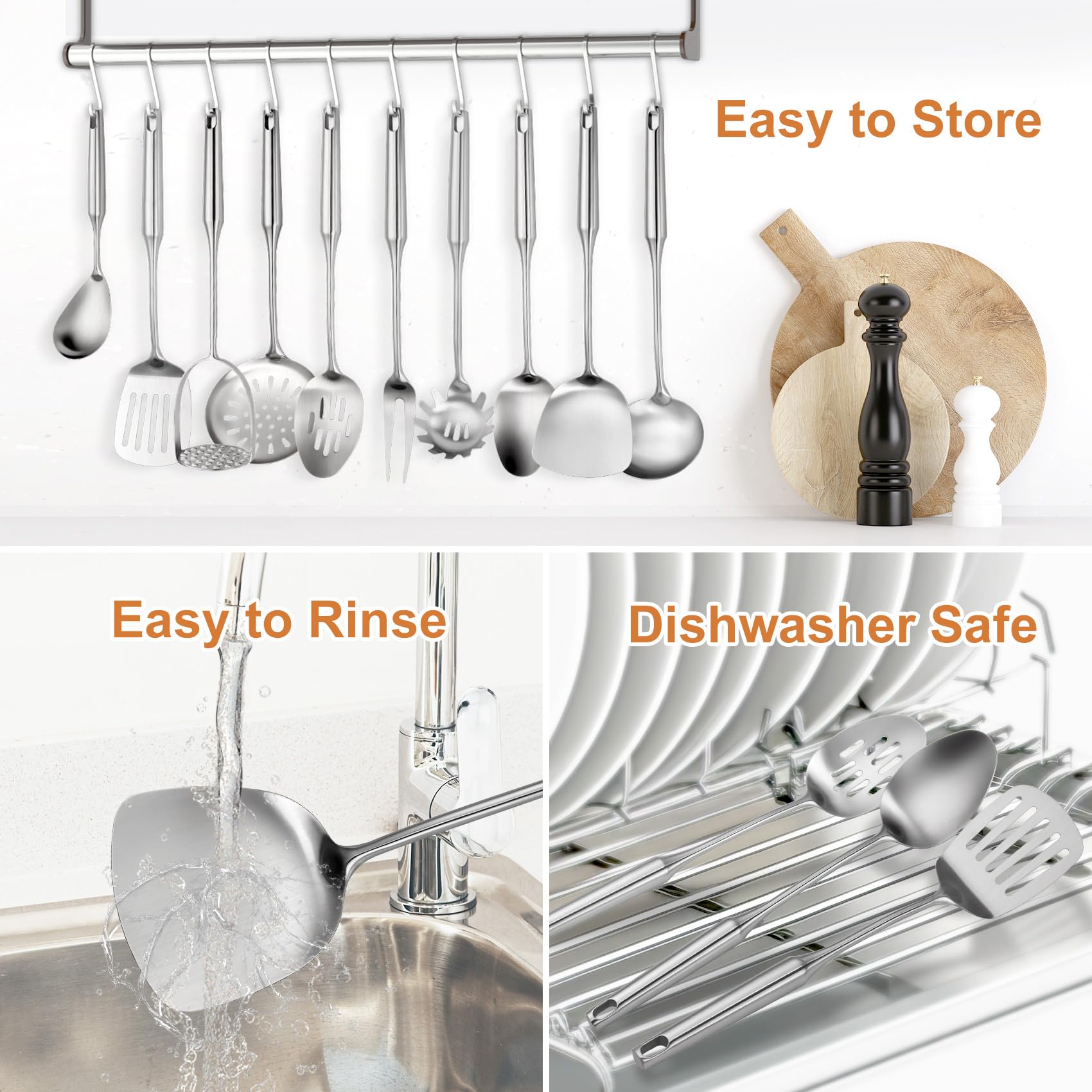 304 Edelstahl-Kochutensilien-Set, 12-teiliges langes Edelstahl-Küchenutensilien-Set, Metall-Kochutensilien-Set mit Kartoffelstampfer, Löffel, Schöpflöffel, Skimmer, Nudelheber usw. (spülmaschinenfest)