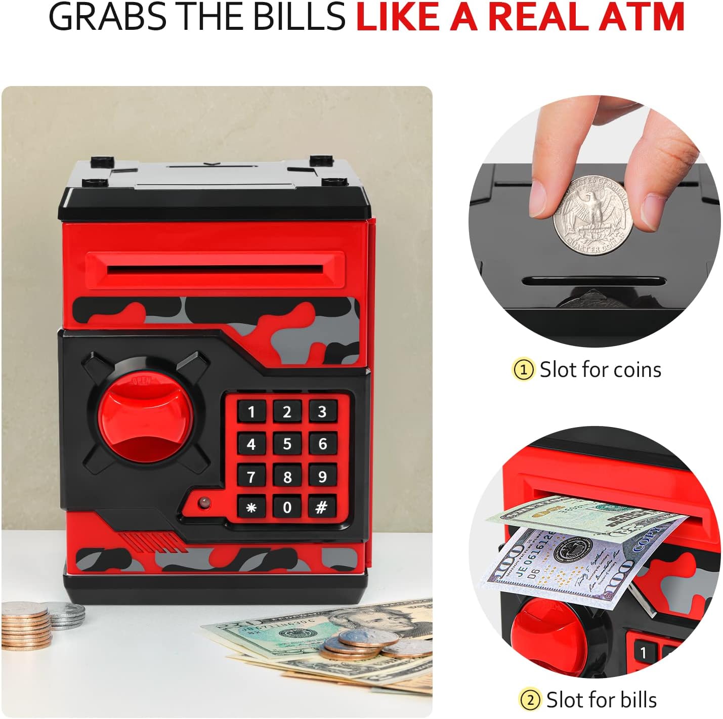 ATM Piggy Bank for Boys Girls, Vcertcpl Mini ATM Coin Bank Money Saving Box with Password, Kids Safe Money Jar for Adults with Auto Grab Bill Slot, Great Gift Toy Bank for Kids