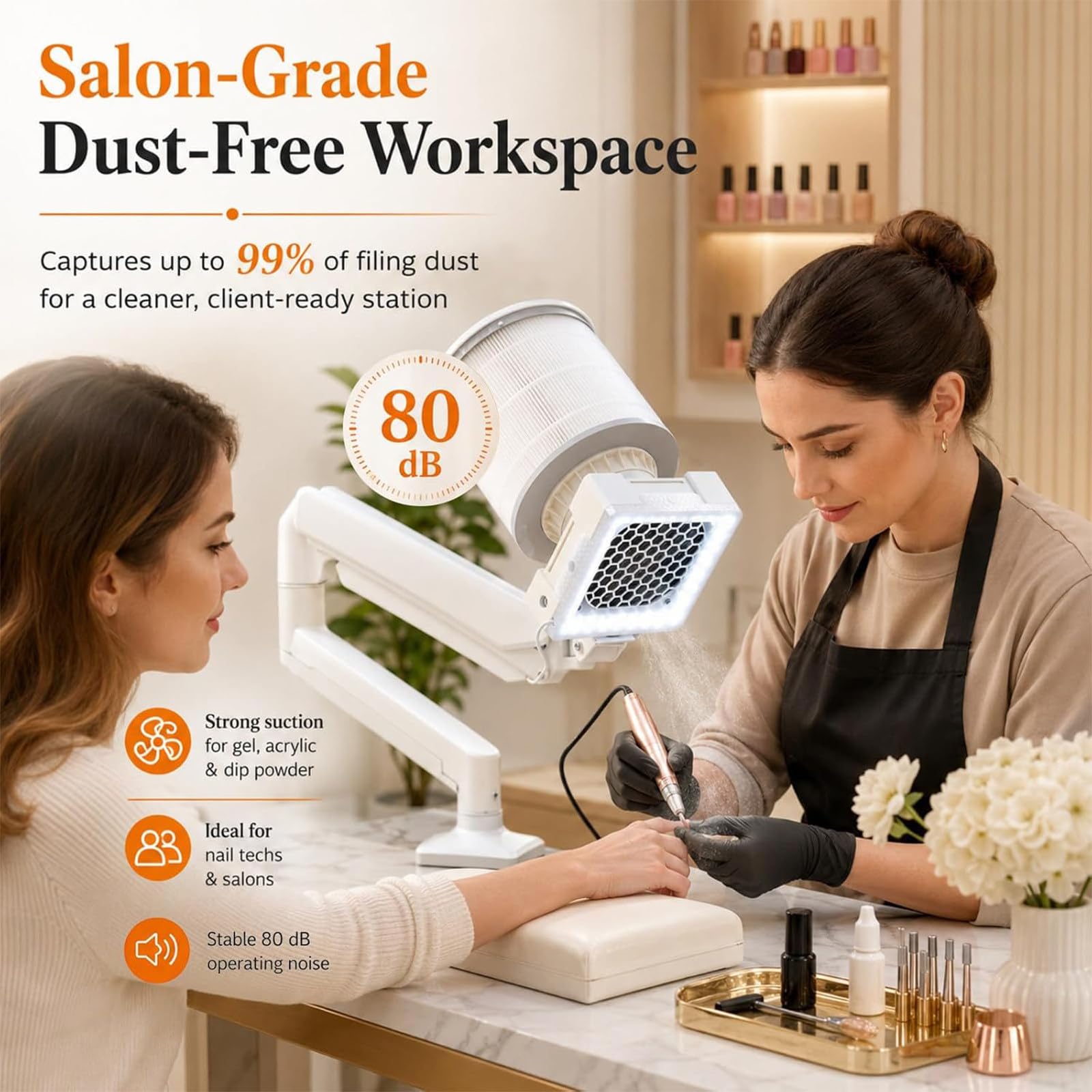 Aspiratore Professionale 60w per Polvere Unghie con Luce LED Integrata, Forte Aspirazione, Filtro Riutilizzabile E Supporto da Tavolo per Unghie in Gel E Dip Powder