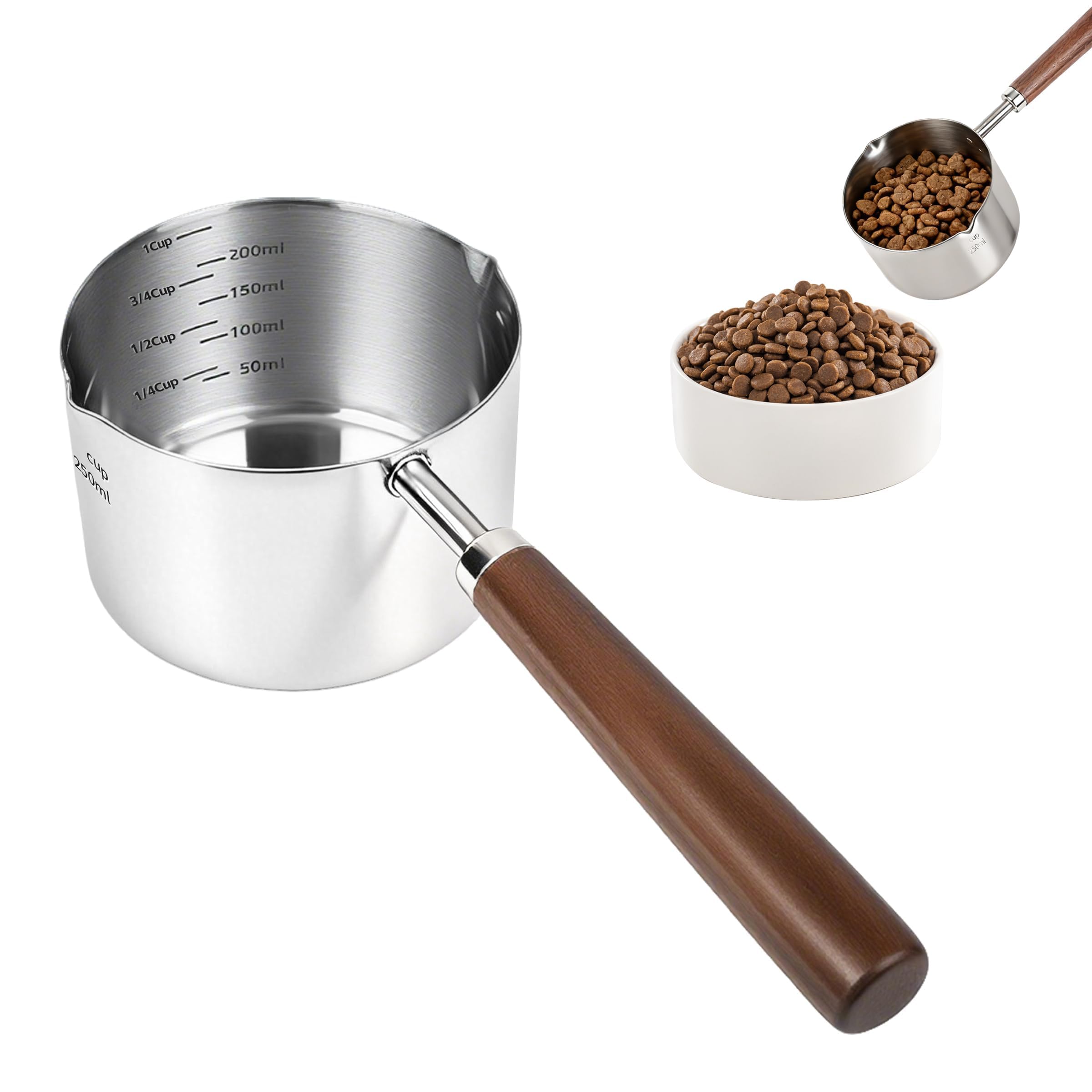 ZHABAYEN 1 Cup Dog-Cat Food Scoop, Stainless Steel Measuring Cup with Wooden Handle, Pet Food Scoop, Precise Scale, Easy to Clean