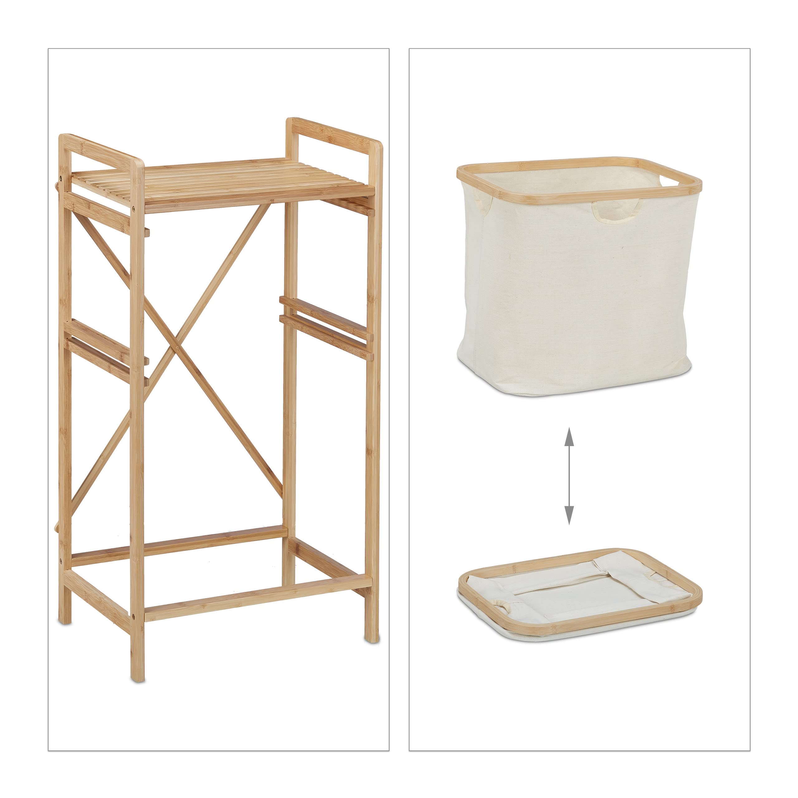 Relaxdays Panier à Linge, Structure Bambou, trieur 2 panières, HLP : 85x44x33 cm, étagère Salle de Bain, Nature-Beige
