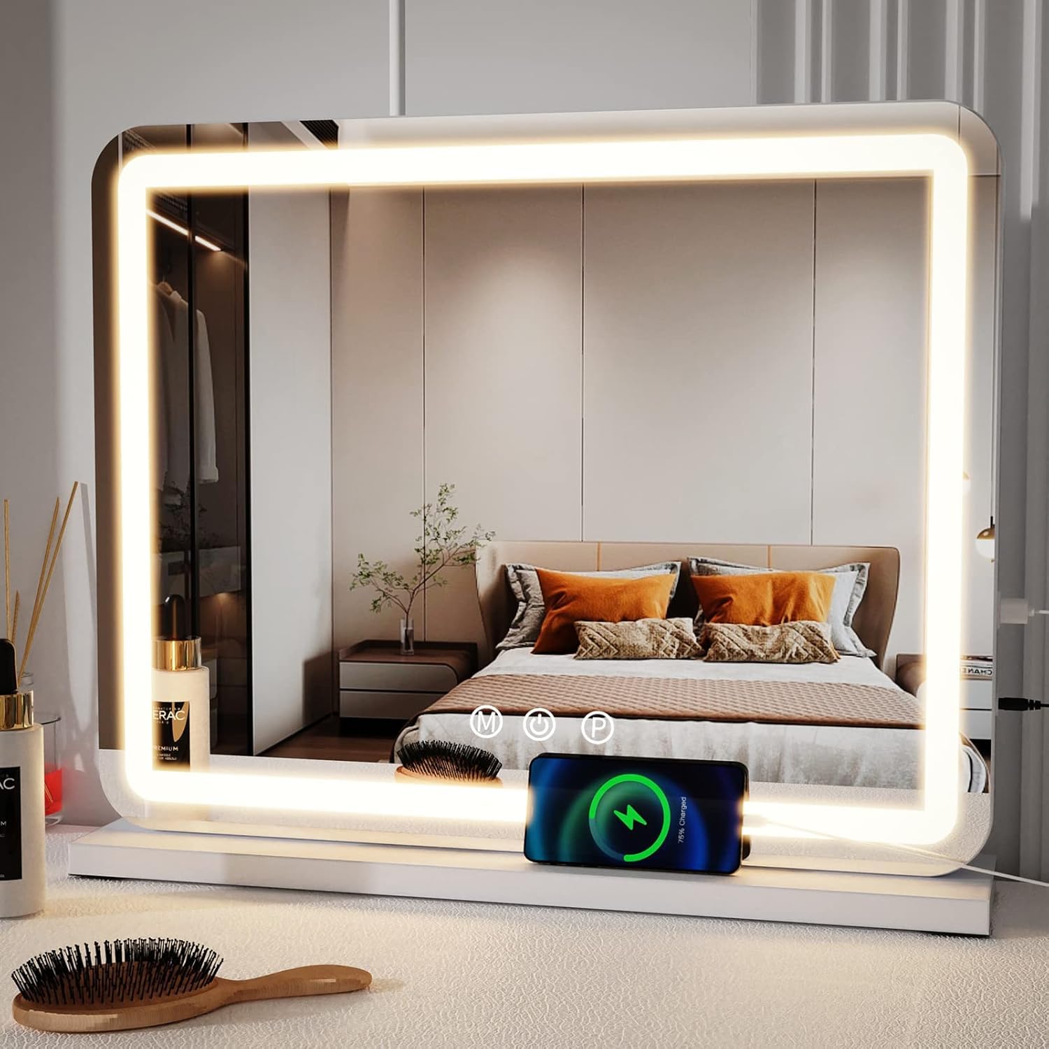 ZL ZELing Kosmetikspiegel mit Lichtern, 58,4 cm großer Make-up-Spiegel mit LED-Lichtern, Smart Touch, dimmbares 3-farbiges Licht, Memory-Funktion, USB-Ladeanschluss und Lupe