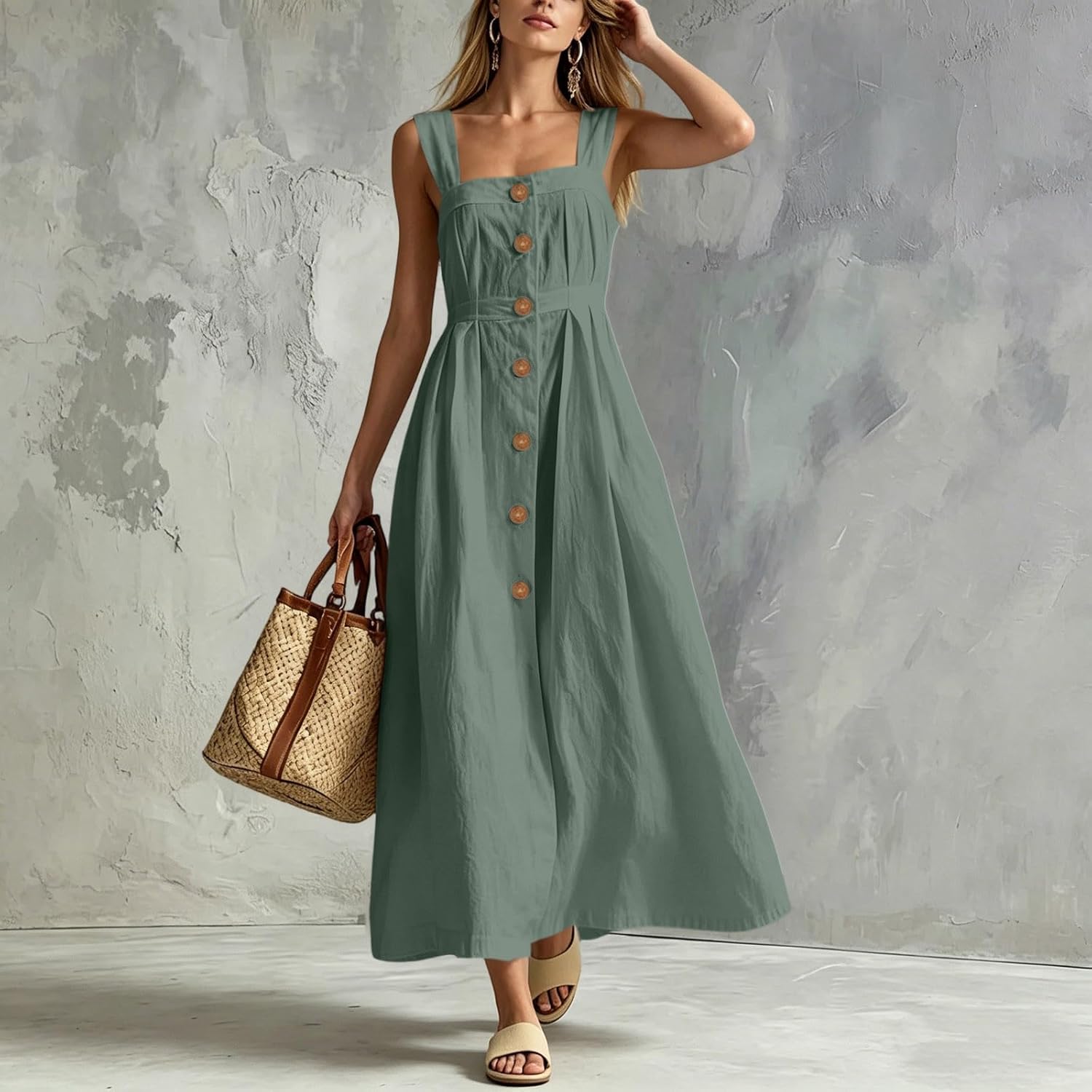 Womens Linen Dresses Summer Spaghetti Strap Sleeveless Boho Dress Button Beach Maxi Long Dresses with Pocket