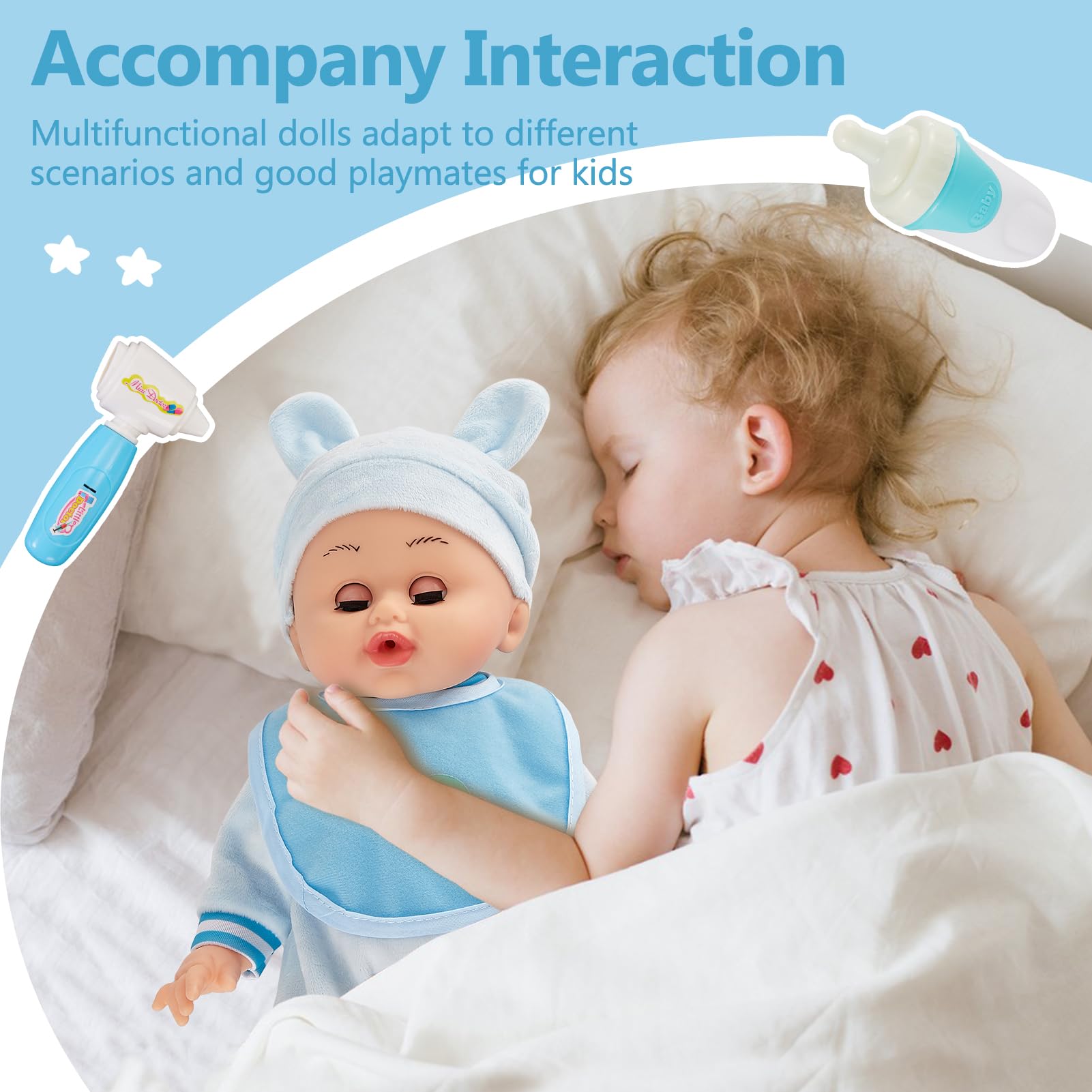 HERSITY Poupon Interactif Bebe, 33CM Poupee Bébé Qui Parle et Pleure, 11 Accessoires avec 12 Sons, Docteur Jouet Cadeau Enfant pour Fille 2 3 4 Ans