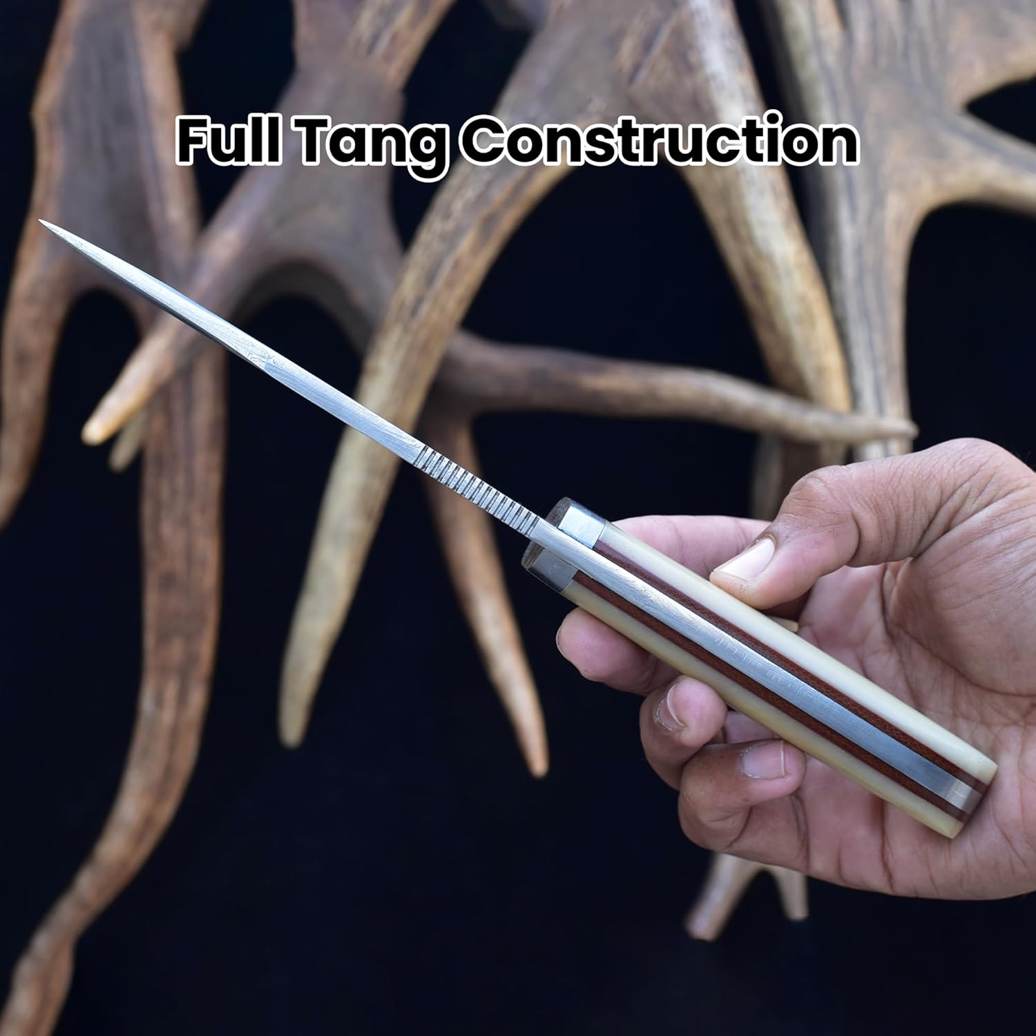 Knives Ranch 9-1/2" Handmade Hunting Knfie - Full Tang Camping Knife - Damascus Bushcraft Knife - Cattle Bone Handle - Heavy-duty Leather Sheath (2151-B)