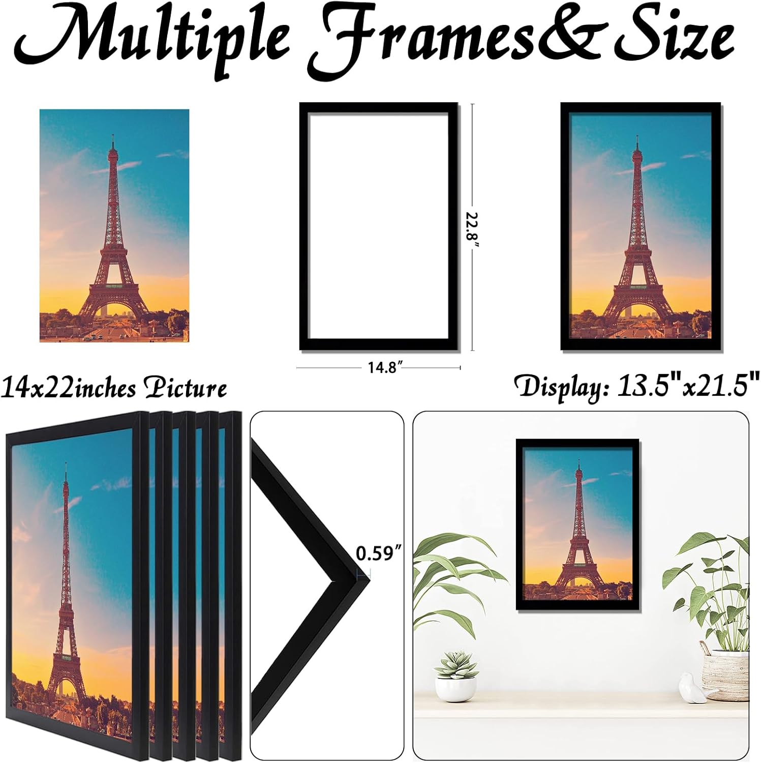 14x22 Picture Frame Set of 5, Black Photo Frames High Transparent Wall Gallery Desktop Horizontal Vertical for Canvas Collage Photo Poster Certificate 14 x 22 inches