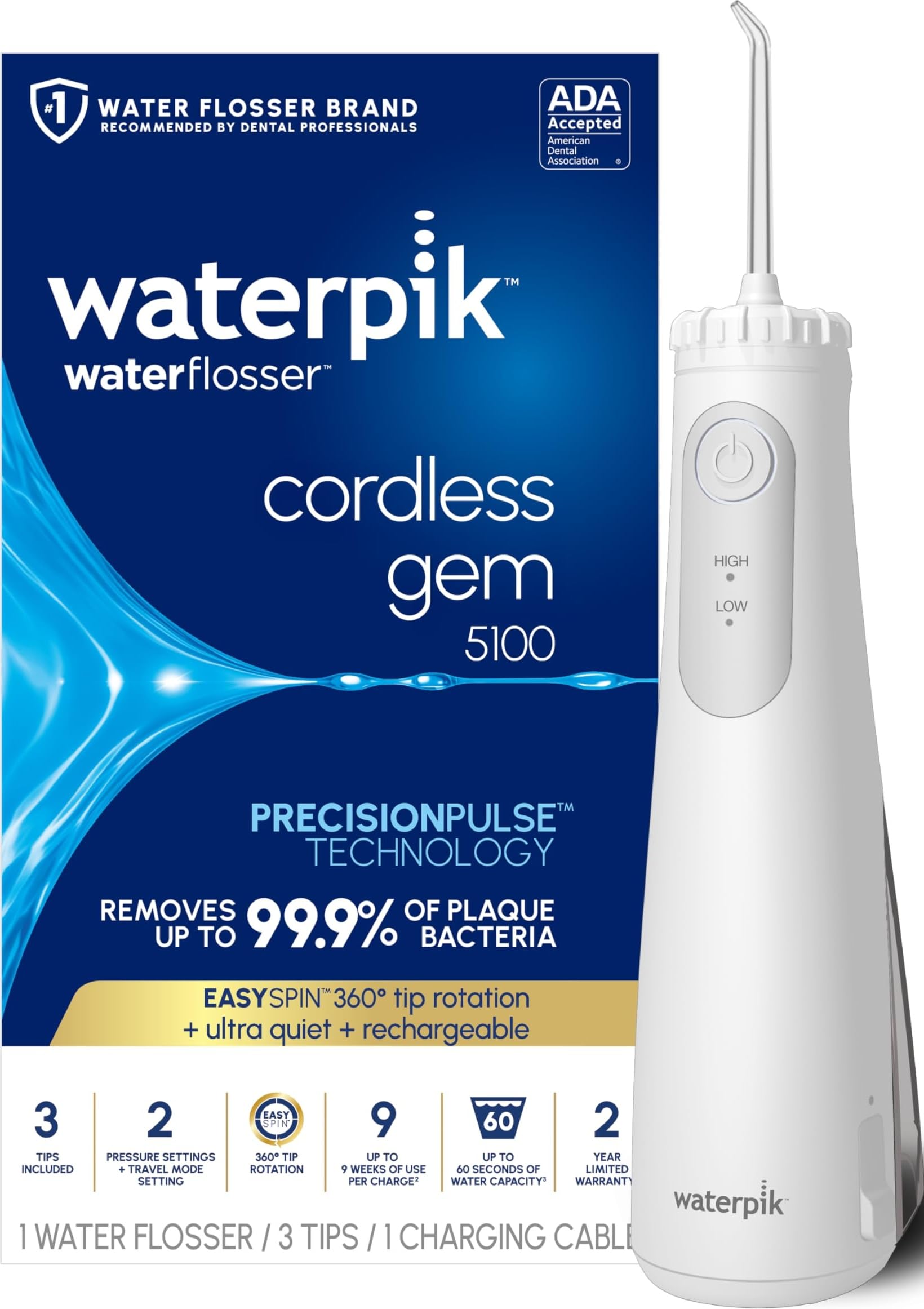 Waterpik Cordless Gem 5100 Portable Water Flosser, Rechargeable, White