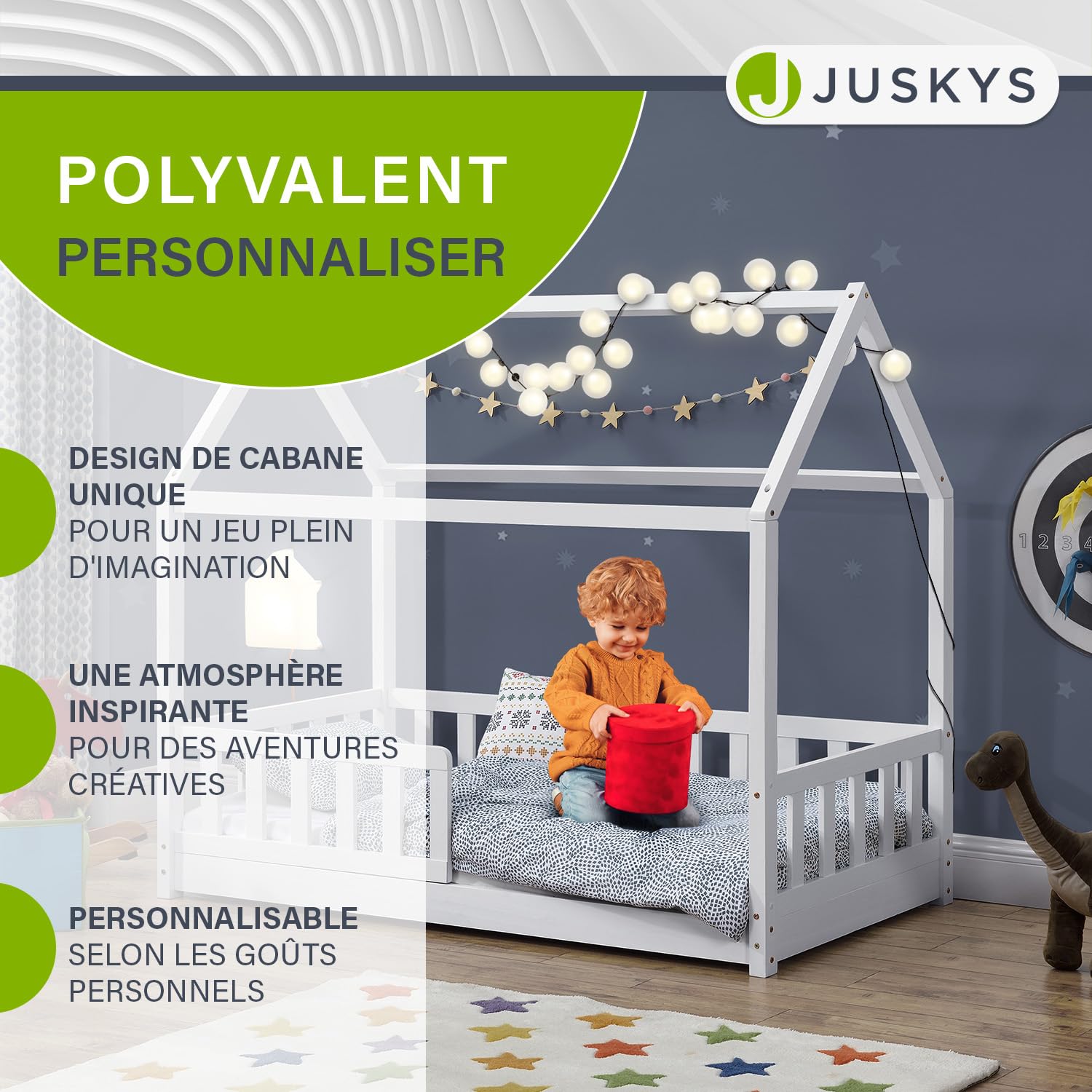 Juskys Lit Cabane Enfant Marli 80x160 cm Bois Massif Blanc avec Protection Antichute