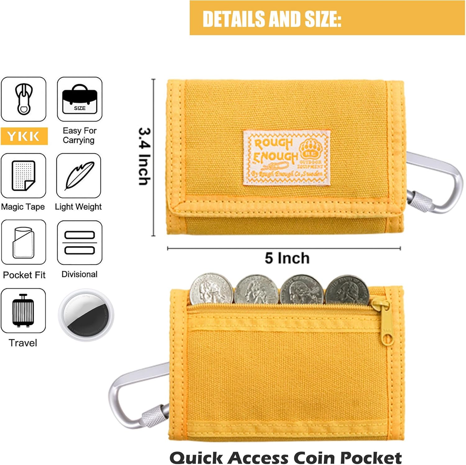 Rough Enough Kids Wallet for Boys Girls Preppy Teen with Neck Lanyard Keychain Canvas Mustard Yellow - Image 3