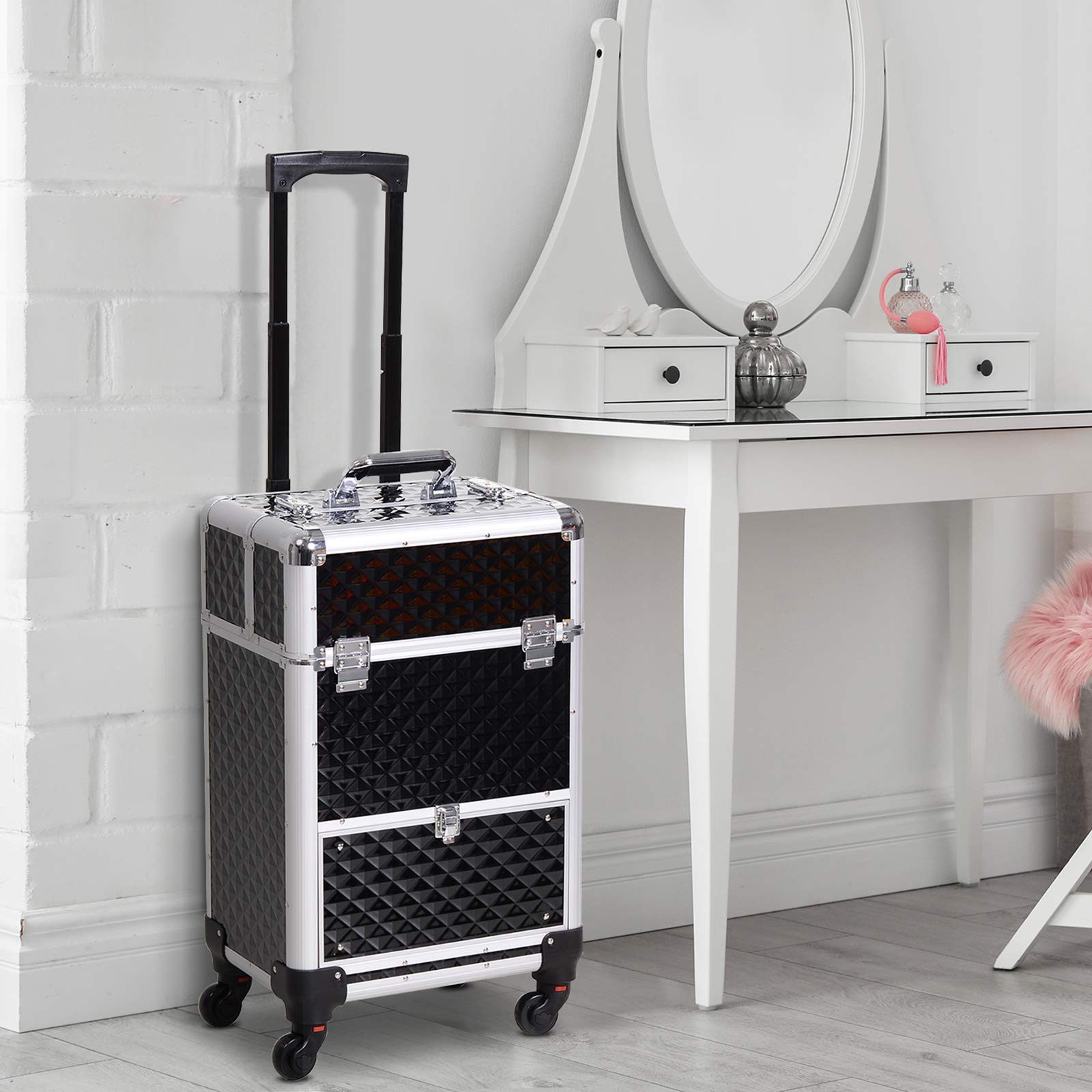 Walizka Wózek Kosmetyczka z Regulowaną Teleskopowa Rączka 34L x 25W x 62H cm Alu. Czarny