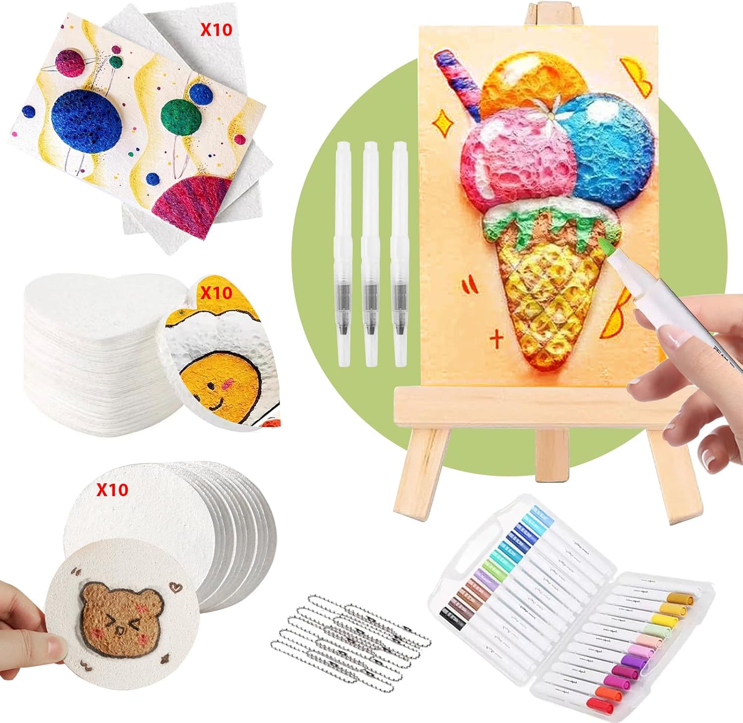 Wanbeiooray 44 Pcs Magic 3D Foam Art Kit with Including 24 Color Acrylic Paint Pens, 30 Foam Texture Paper, 10 Beaded Chains and 1 Mini Display Easel