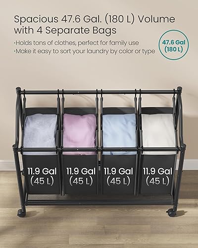 Miniatura 9 de SONGMICS Clasificador de lavandería, cesta de lavandería con 4 bolsas extraíbles, cesta de lavandería, carrito de lavandería, dormitorio, baño, 4 x