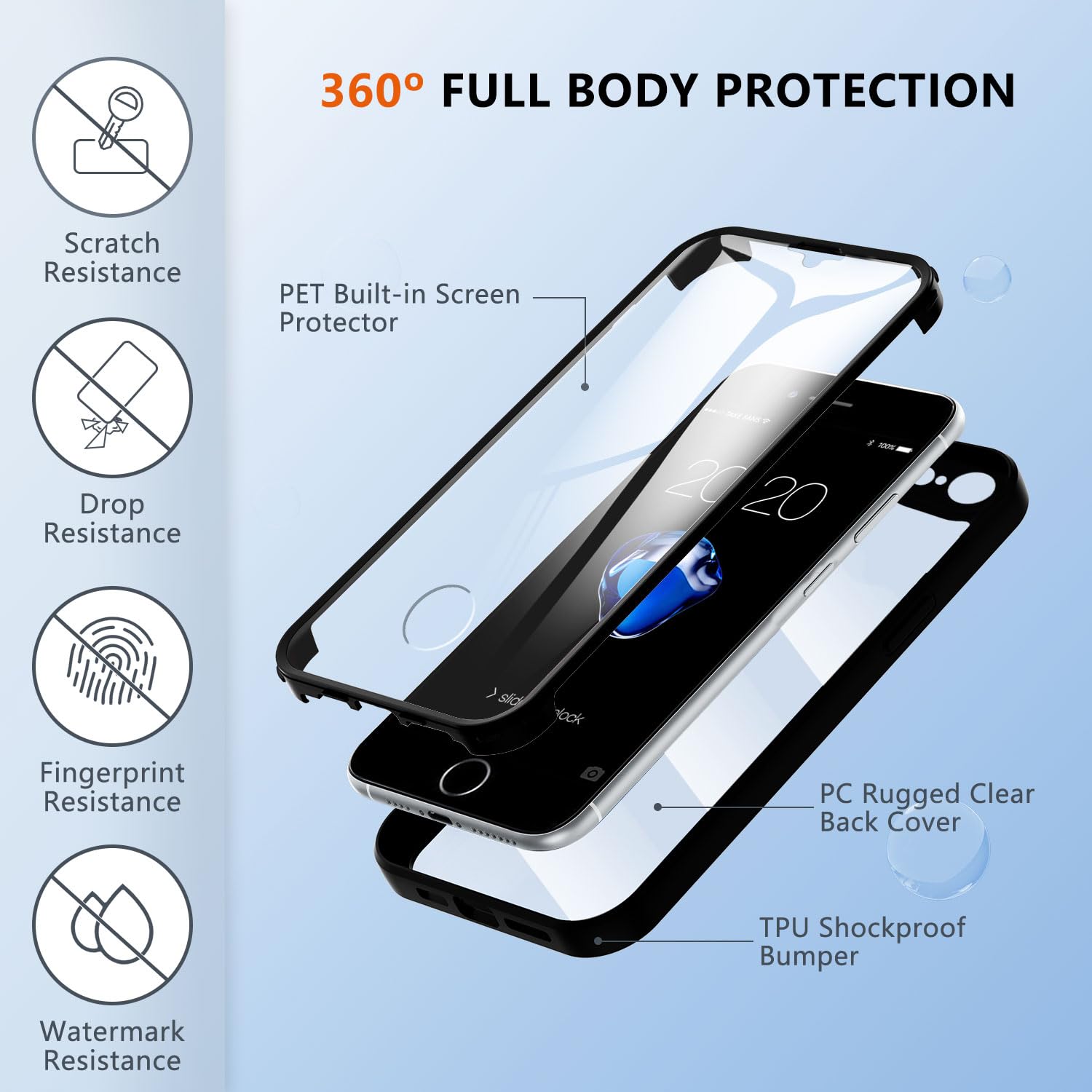TVVTPU Cover per iPhone 8/ 7/ SE 2020/ 2022, 360 Gradi Antiurto Custodia con Protezione dello Schermo Integrata e Protezione Fotocamera, Trasparente Rugged TPU Bumper Doppia Protettiva Case, Nero