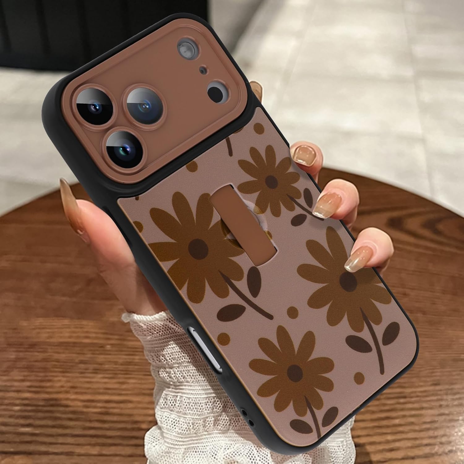 MOWIME Compatible with iPhone 17 Pro Max Case with Finger Strap, Daisy Floral Shockproof Soft TPU Protective Cover for Women Girls, Slim Anti Scratch Case for iPhone 17 Pro Max 6.9 Inch, Brown - Image 6