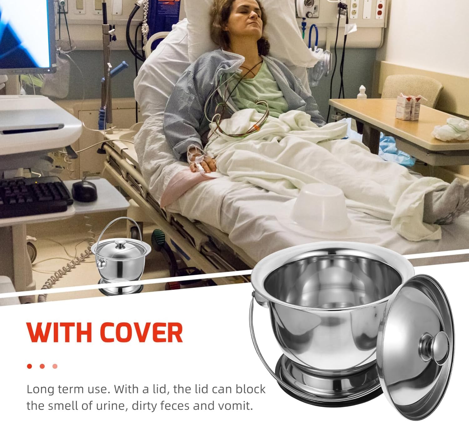 Lurrose Chamber Pot Stainless Steel Bucket with Lid and Handle Potty Urinal Bottle Portable Bedroom Toilet Metal Spittoon Basin Pee Pots for Hospital