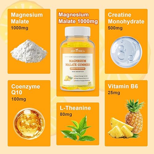Miniatura 8 de Gomitas de malato de magnesio de 1000 mg, con L-teanina, CoQ10 y vitamina B6, suplementos de malato de magnesio para adultos y niños, apoyan la