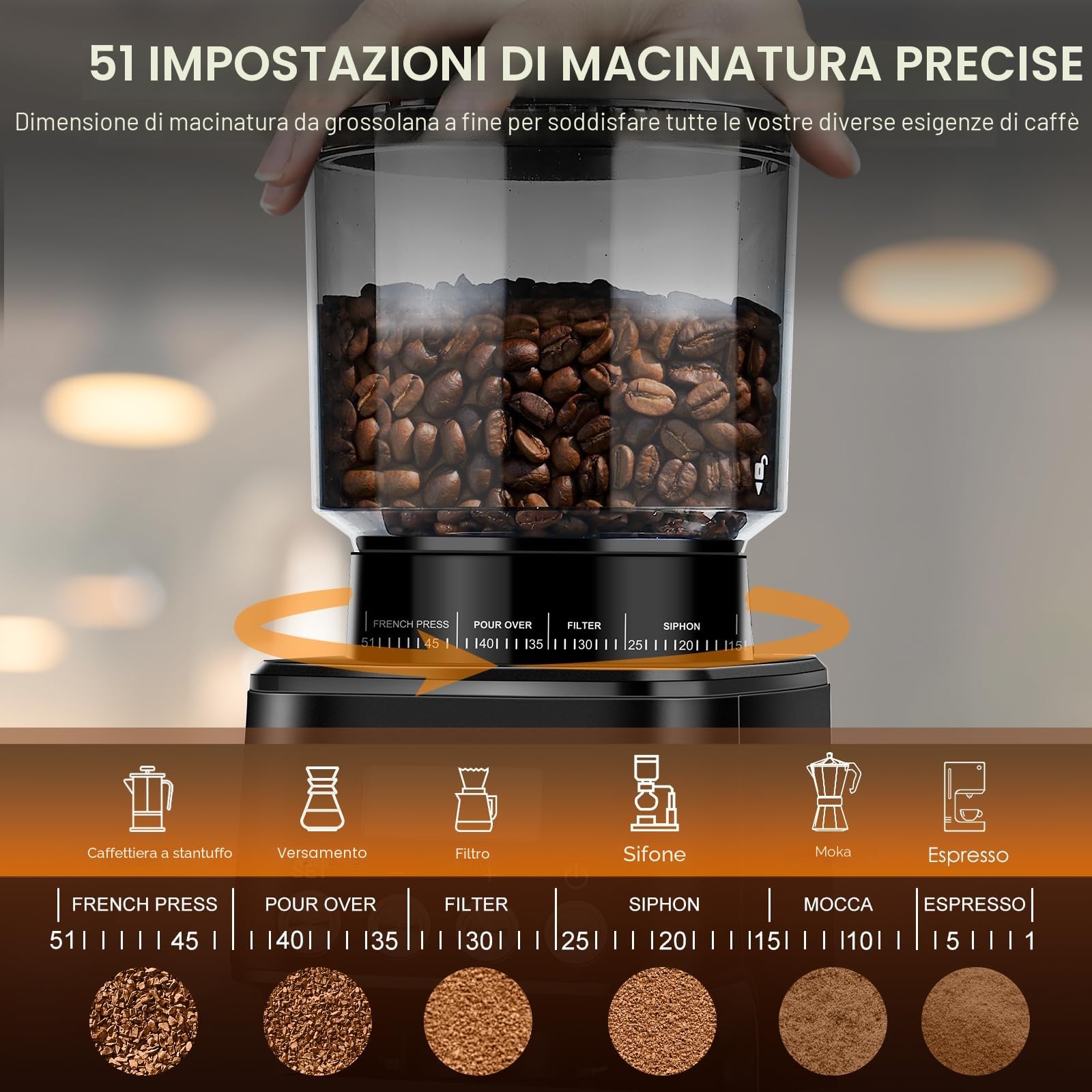 Homtone Macinacaffè Elettrico con 51 Livelli di Macinatura Regolabili, Macine Coniche in Acciaio Inox, Tecnologia Antistatica, per Espresso, Caffè Filtro e French Press, 160W (Argento)