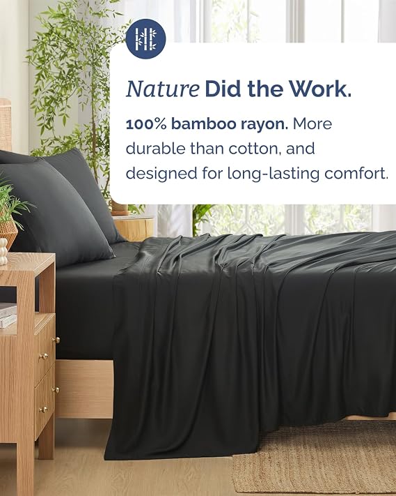 100% Rayon Derived From Bamboo - Bamboo Sheets Queen Size - Cooling Sheets for Queen - Ultra Soft, Breathable & Hotel Luxury Bedding - 1 Flat & 1 Fitted & 2 Pillowcases w/ 18 Inch Deep Pockets - Black