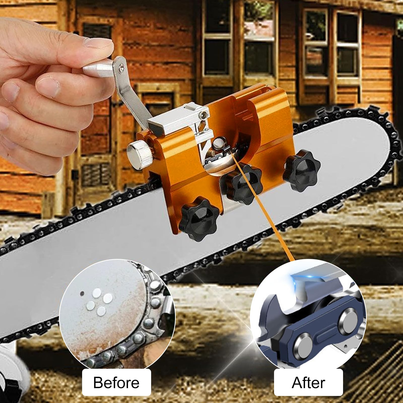 Kettensäge Schärfgerät, Kettenschärfgerät, Kettenschärfer mit 5 Schleifköpfen, Tragbar Kettenschärfgerät Handkurbeln, Tragbar Handkurbeln Kettensägenschärfer Kit für Kettensäge Schärfen Alle Arten