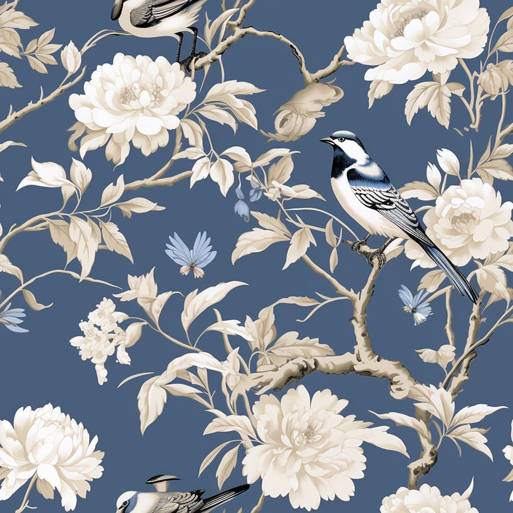18"x236" Navy White Vintage Peony Floral Peel and Stick Self Adhesive Wallpaper Removable Contact Paper Stick on Easy Peel Off Wall Paper for Kitchen Bedroom Bathroom Renter