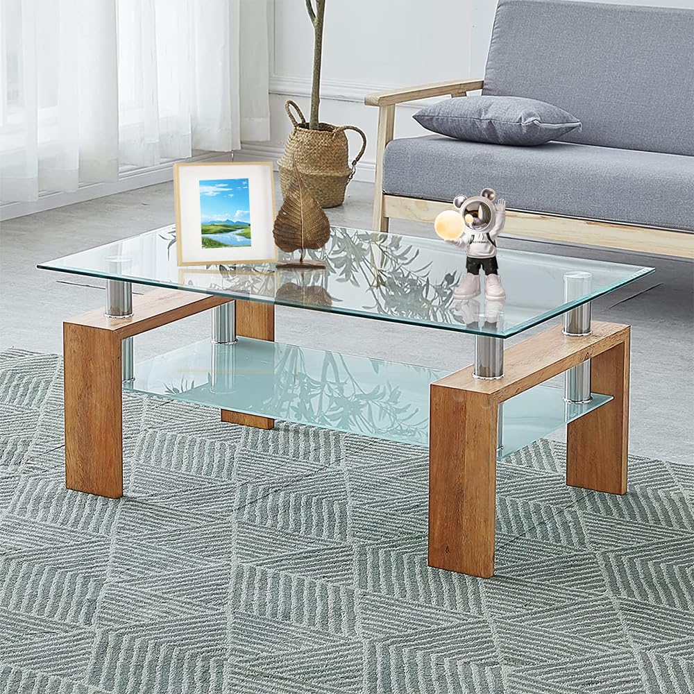 LUVCMFT Coffee Table for Living Room, Modern Rectangle Canter Table with Storage Shelf, 2-Tier Glass Top Coffee Table with Wooden Leg for Waiting Room