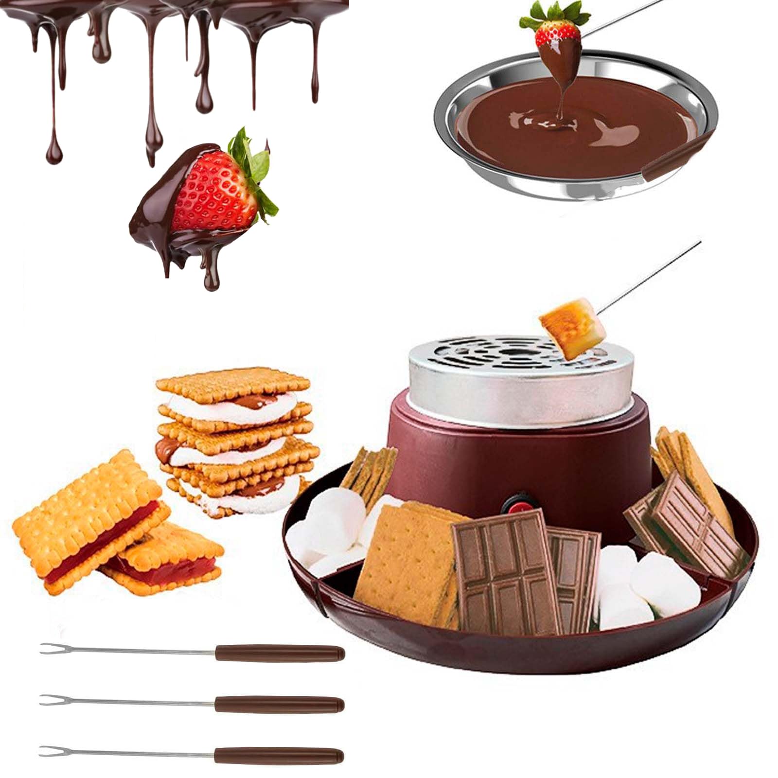 Zestaw Do Przygotowywania Smores I Czekoladowego Fondue 2 W 1, Bezpłomieniowy Podgrzewacz Stołowy Z Regulacją Temperatury, 4 Widelce Do Pieczenia I 4 Zdejmowane Tace