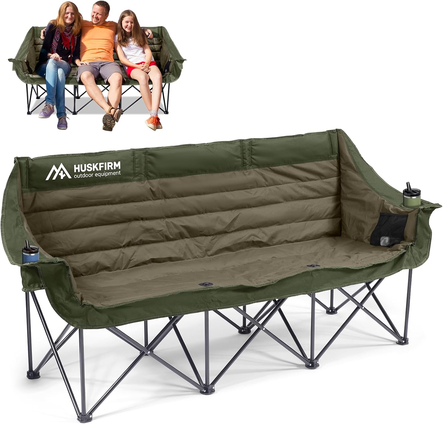 3 Person Camping Chairs Folding Double Camping Chair Portable Oversized Loveseat Padded Camp Chair Heavy Duty Camping Couch for Adults Outdoor Lawn with Two Cup Holders and Carry Bag Green