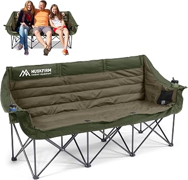 Huskfirm 3 Person Camping Chairs Folding Double Camping Chair Portable Oversized Loveseat Padded Camp Chair Heavy Duty Camping Couch for Adults Outdoor Lawn with Two Cup Holders and Carry Bag Green