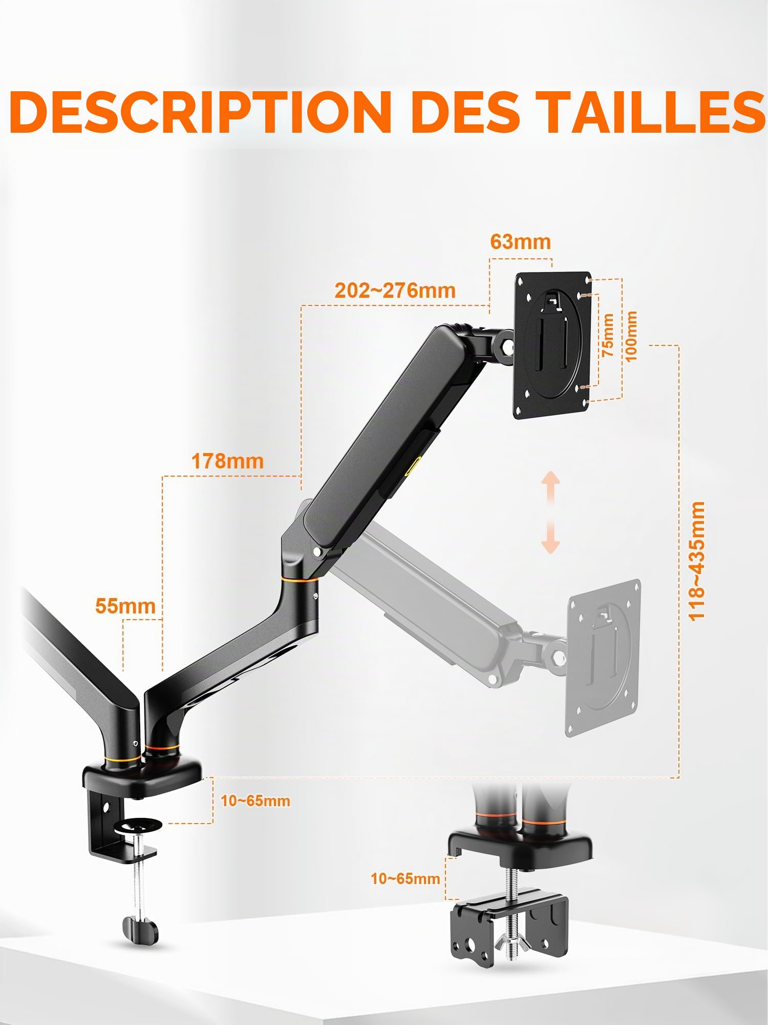 Ibergrif Bras Double Écran PC Support 2 Moniteurs 13-27 Pouces Bras à Gaz Réglable Hauteur Inclinaison Rotation 360° Charge 9 kg VESA 75/100mm