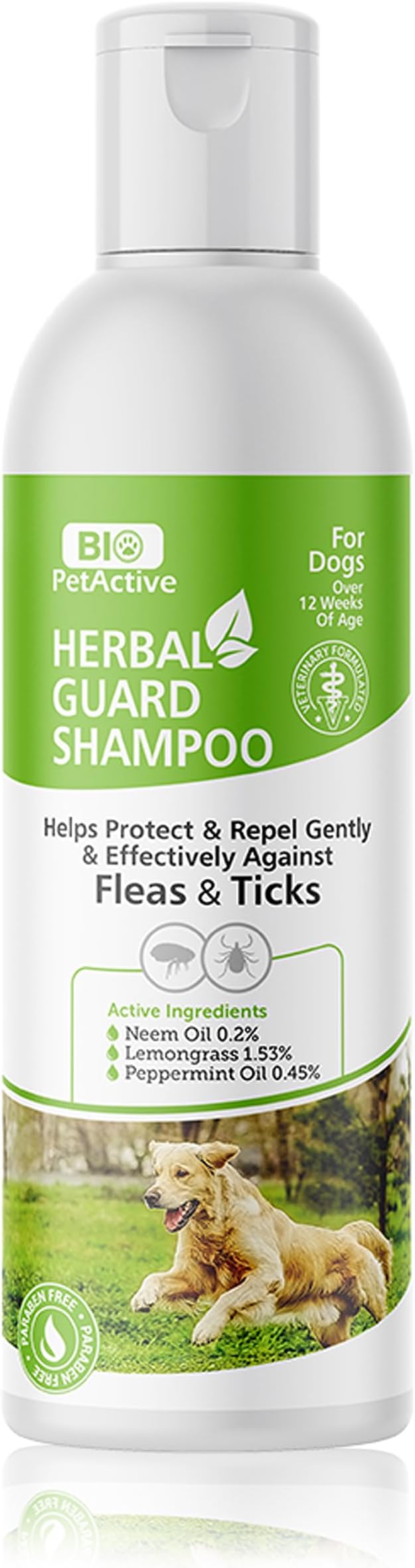 Bio PetActiveFlea and Tick Dog Shampoo 250ml | Paraben Free - Eliminates Fleas, Ticks & Mites | Deep Cleansing Herbal Guard Shampoo with Neem Oil, Peppermint and Lemongrass