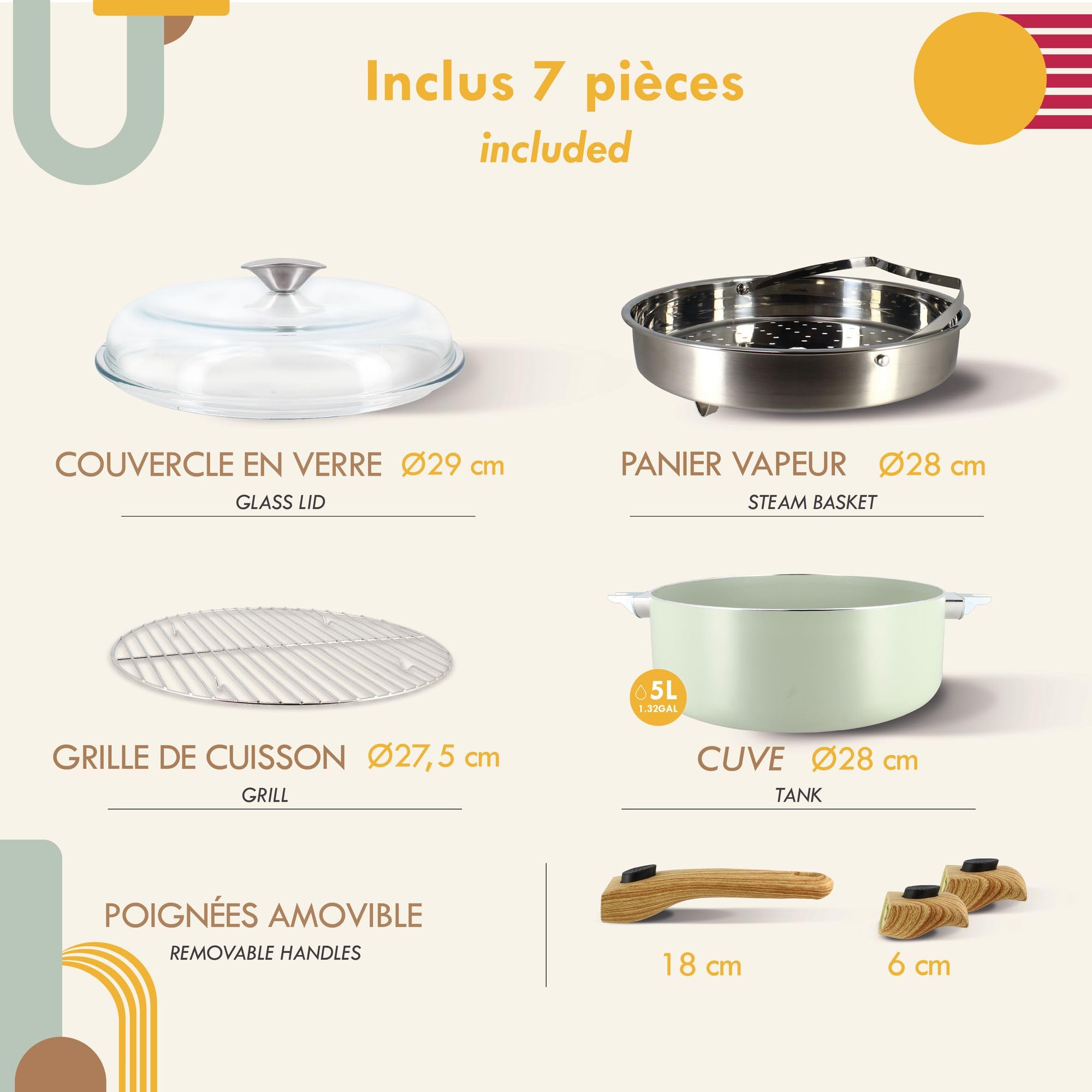 MENASTYL - Set culinaire multi-usages amovible Céladon 28cm en aluminium - Ustensile tout-en-un compatible tous feux et lave-vaisselle - Revêtement en céramique - 6020894