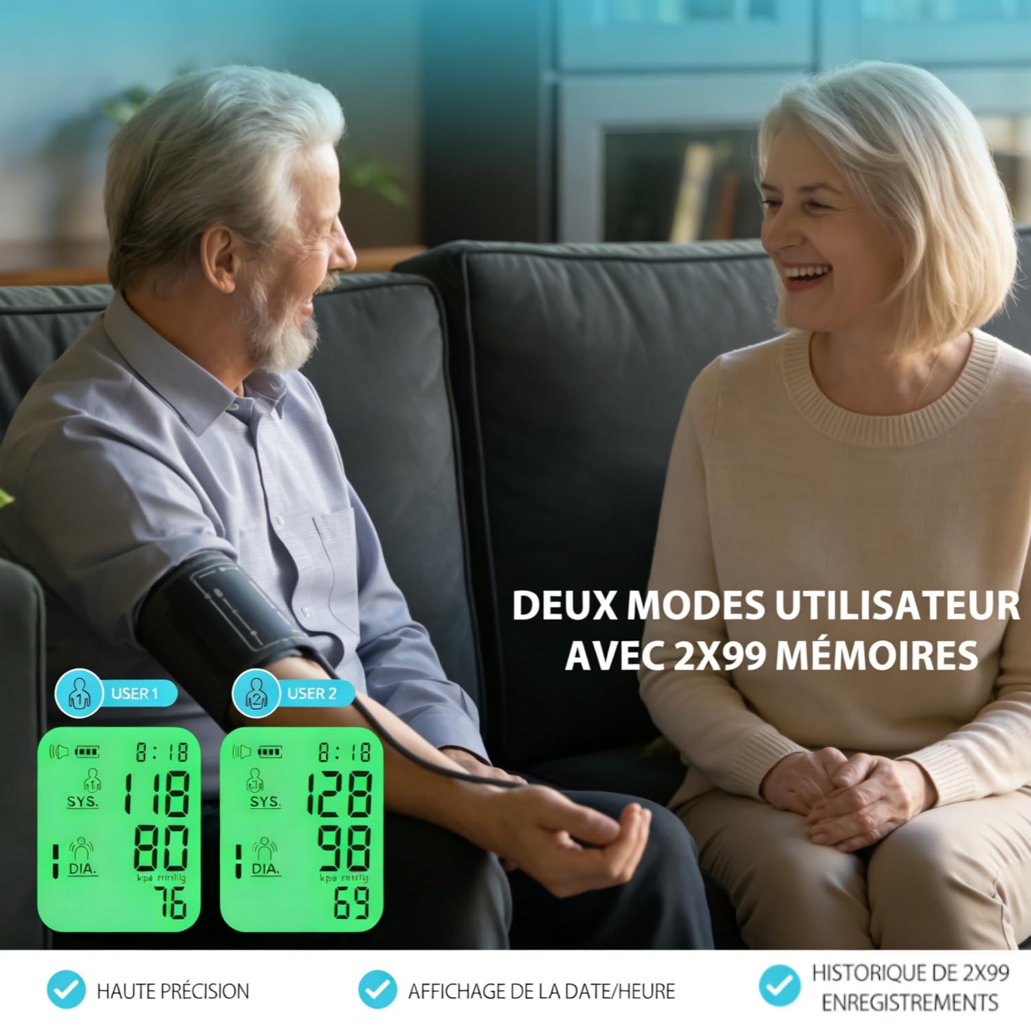 Tensiomètre V1 Pro pour une Surveillance Précisse – Double Puce de Haute Précision, Grand écran LCD, Mémoire 2x99 pour Deux Utilisateurs – Idéal pour le Suivi Quotidien à Domicile