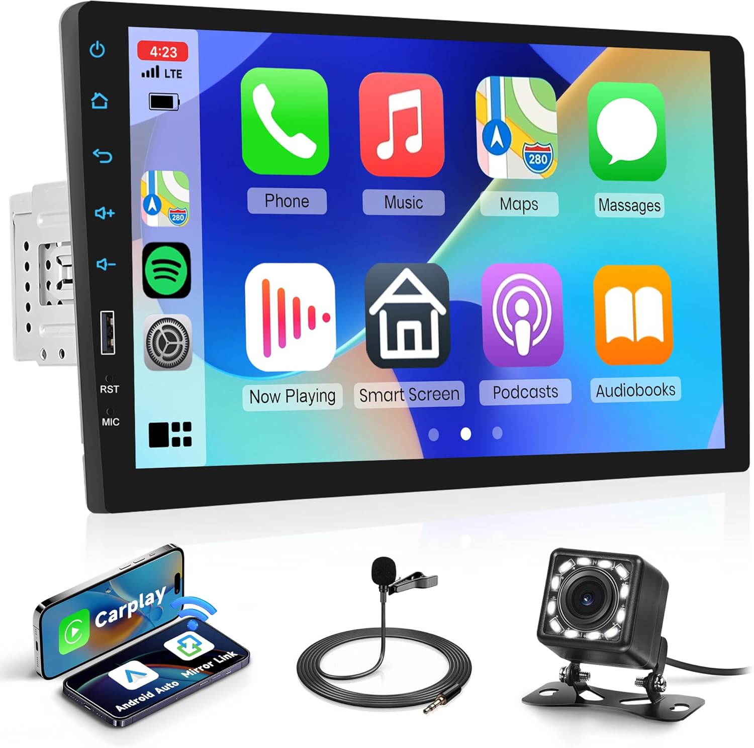 Single Din Car Stereo with 9" Wireless Carplay Android Auto, Rimoody 1 Din Car Radio Touch Screen Carplay with Mirror Link, Bluetooth, FM Radio, EQ/USB/DVR Backup Camera Steering Wheel Control