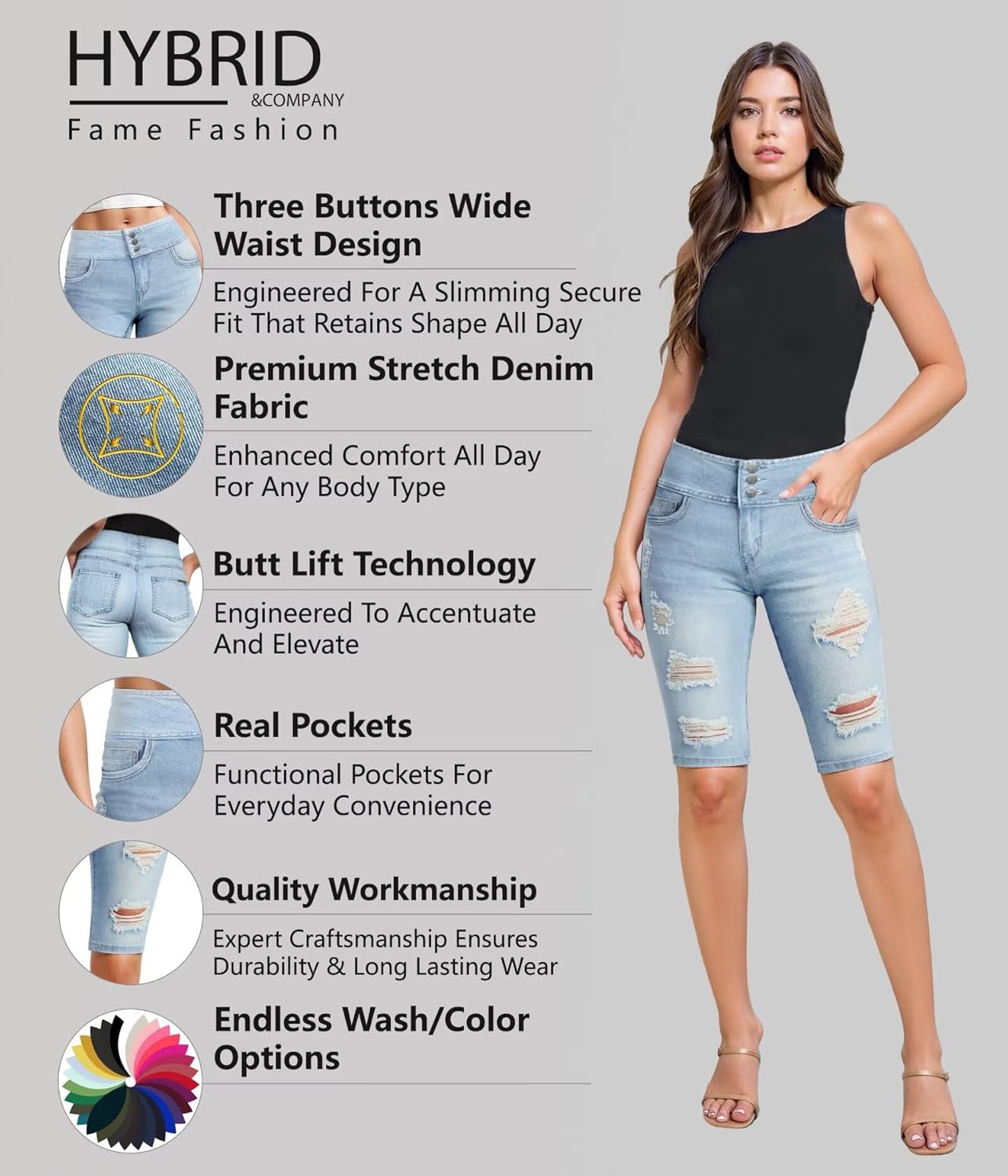 Hybrid & Company Womens Perfectly Shaping Hyper Stretch Bermuda Shorts Capri - Image 2