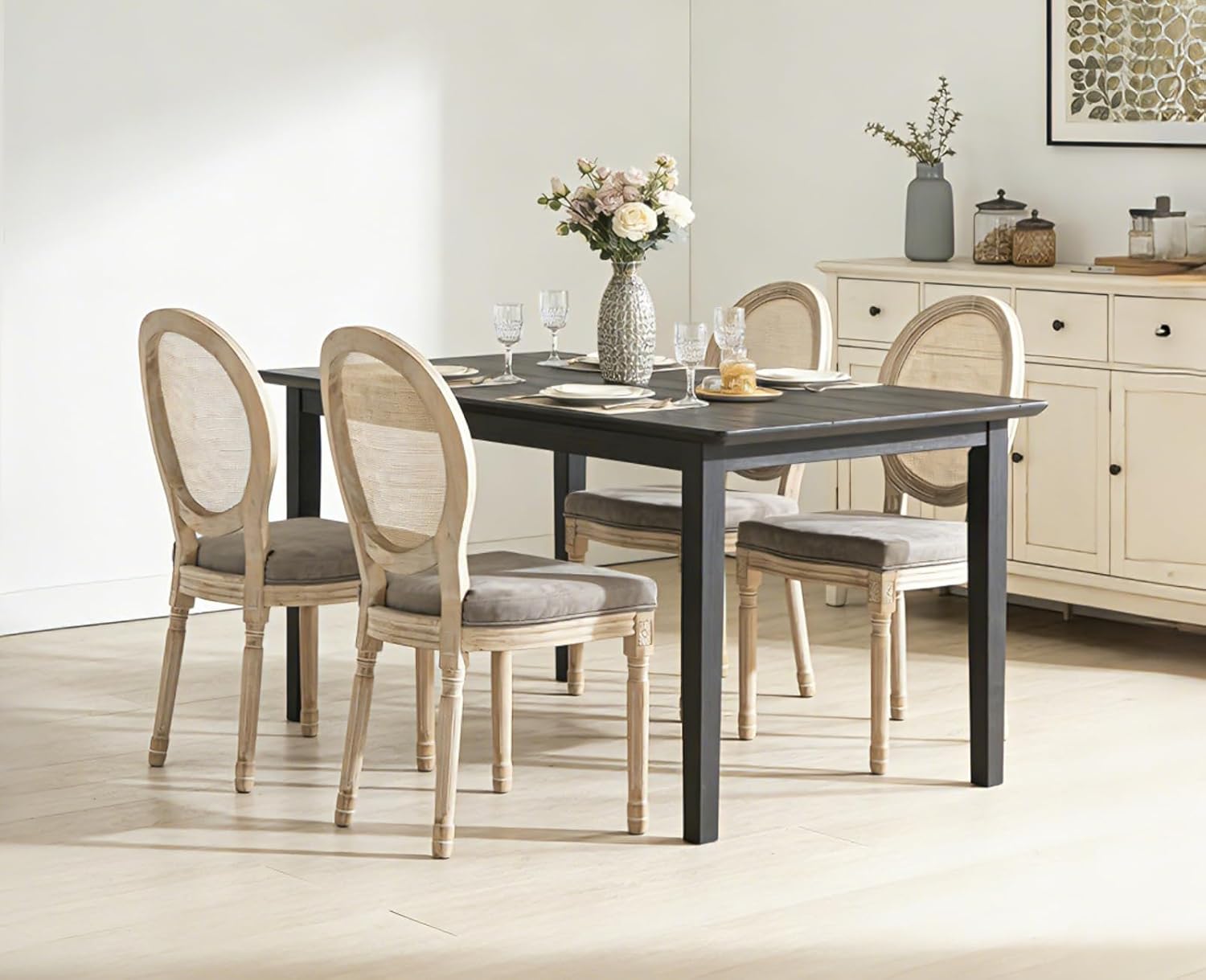 Kmax Farmhouse Dining Table, 63 Inch Black Ktichen Table Rectangle Dining Table with Adjustable Leg Pad for 4-6 Rustic Table for Dining Room Kitchen Restaurant - Brown Brush Top, White Brush Leg