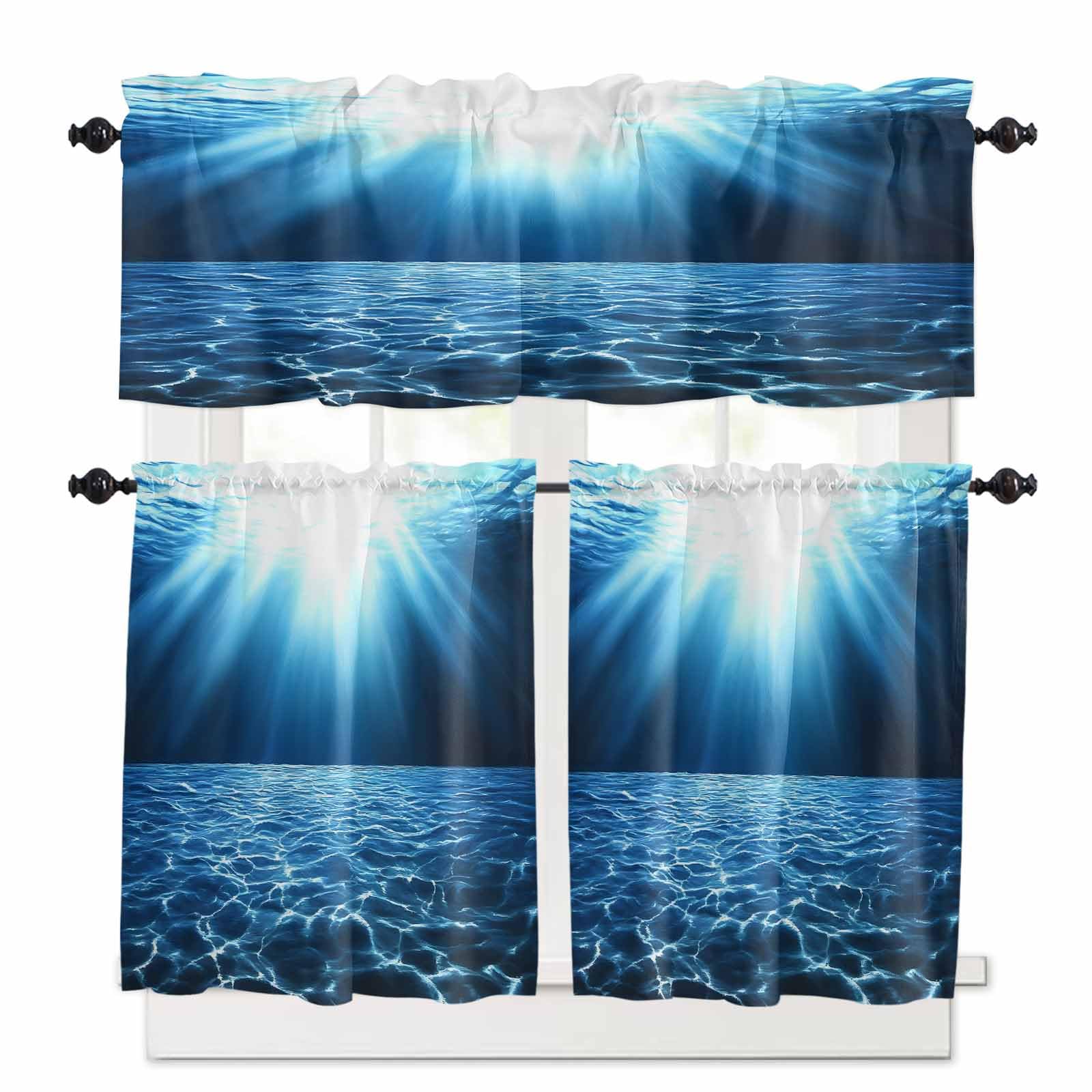 Blue Ocean Kitchen Curtains 36 Inch Length,3 Piece Rod Pocket Small Half Tiers and Valance Set,Beach Summer Coastal Underwater Scene Waves Small Large Window Treatment Decor for Bedroom/Bathroom Sink