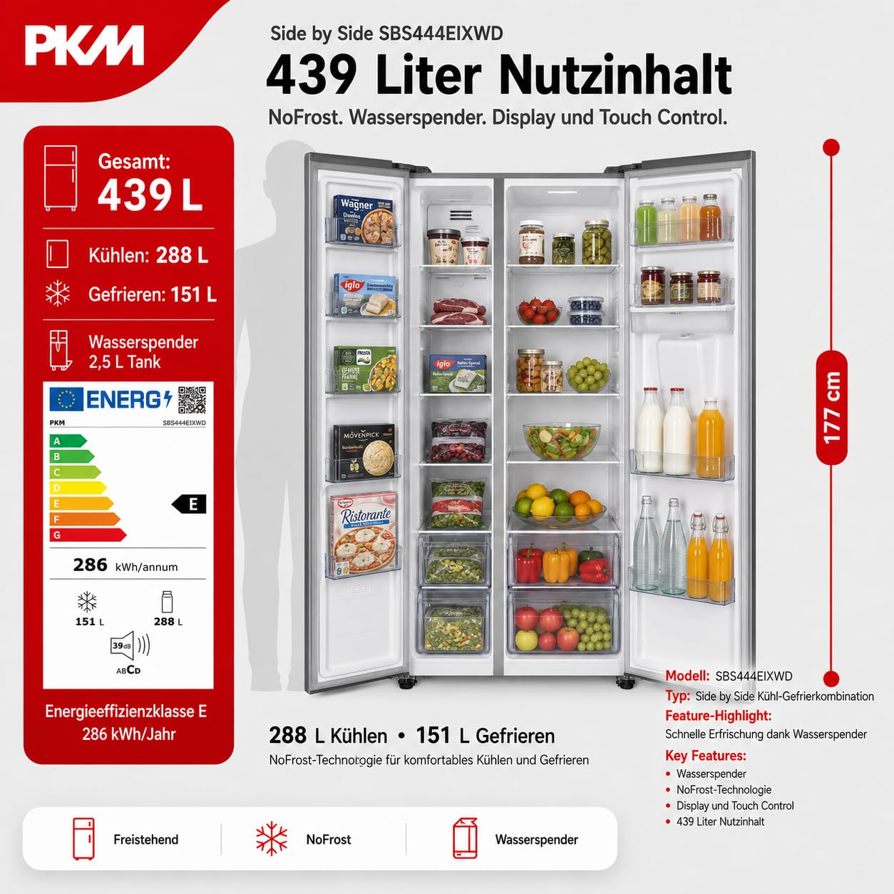 PKM SBS444EIXWD, Side by Side Kühl-Gefrierkombination, 439 L, 2-türig mit Wasserspender, Inox Design