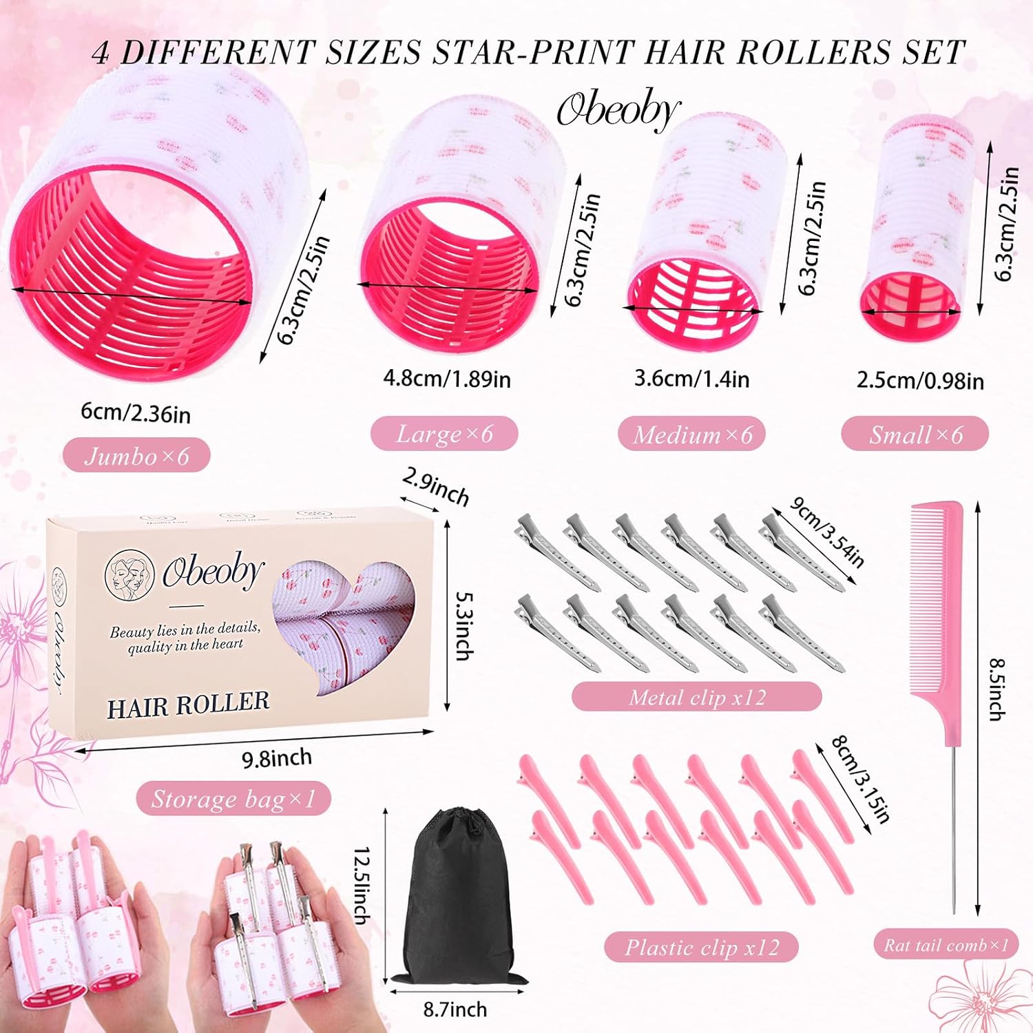obeoby 4 Sizes Hair Rollers for Women Self-Grip Curlers Set, Cherry Print image 2
