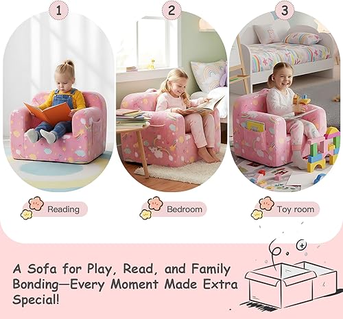 Miniatura 14 de Tiita Silla para niños, cómodo sofá plegable para niños, sofá ligero para niños con asa de transporte y bolsillos laterales, reposabrazos de espuma