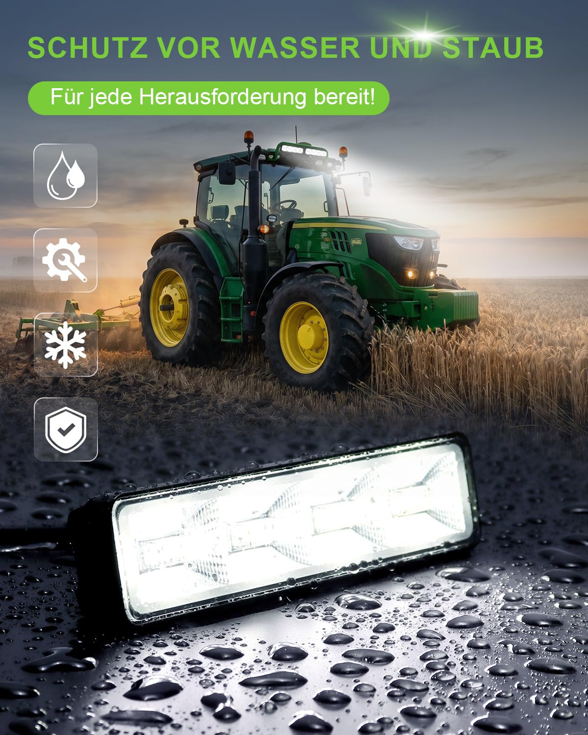 Zestaw 2 reflektorów roboczych LED 14,5 cm, 12 V 24 V | Reflektor cofania, IP65, uchwyt ze stali nierdzewnej M8, do traktorów, koparek i offroad, 3200 lm