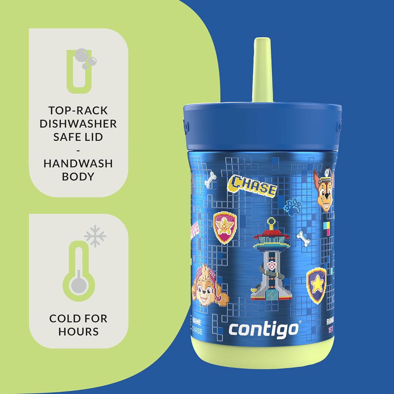 Contigo Kids Leighton Spill-Proof Stainless Steel Paw Patrol Tumbler with Straw, 12oz, Paw Patrol Power Pups, Blue/Green - Image 5