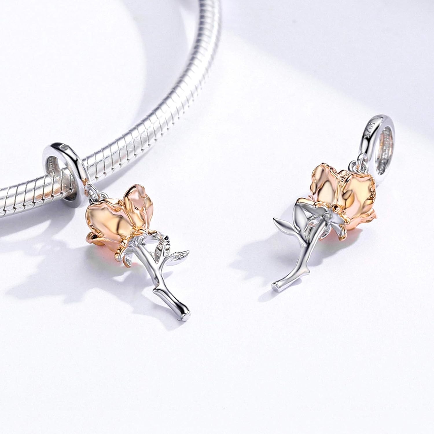 Presentski Rose Flower Charm Silver Rose Gold 3D Flowers Dangle Charms for Bracelet, Dainty Tulip Carnation Peony Pendant Charms for Bracelets Necklace Platinum for Women Girls - Image 2