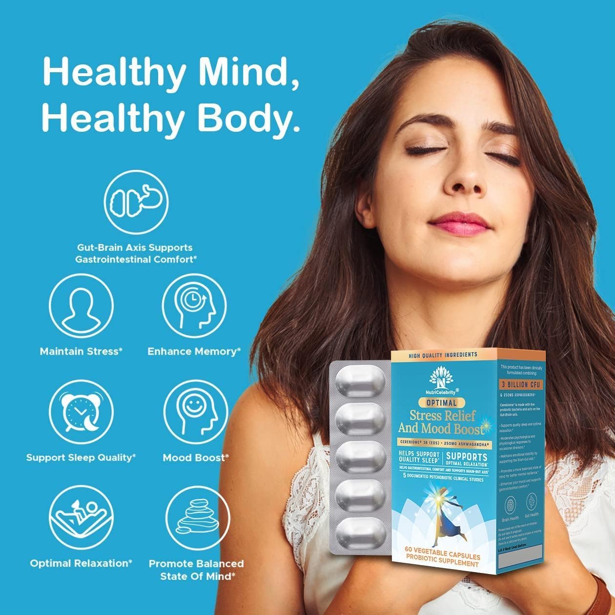 Nutricelebrity Optimal Stress Relief Supplement, Mood Support, Sleep Aid, Ashwagandha Organic, KSM-66, Brain Focus, Probiotics for Women, Gut Health, Vegan Non GMO 60 Days Supply - 2 Pack