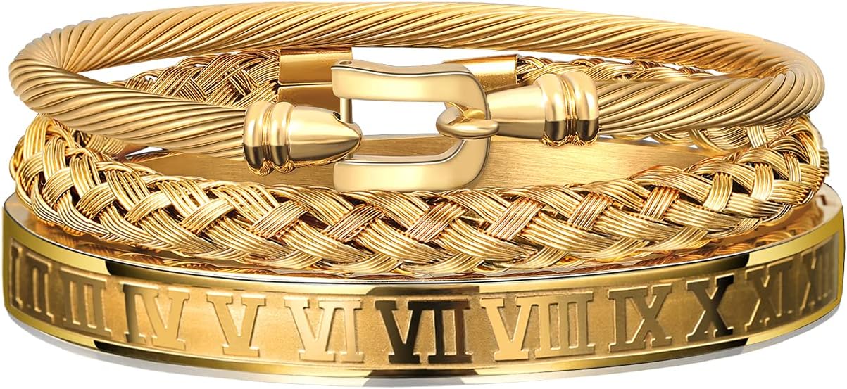 3PCS Stainless Steel Bracelets for Men Gold Roman Numeral Bangle Bracelet Twisted Cable Bracelet Adjustable Cuff Bracelet Mens Luxury Jewelry Bracelets Gifts