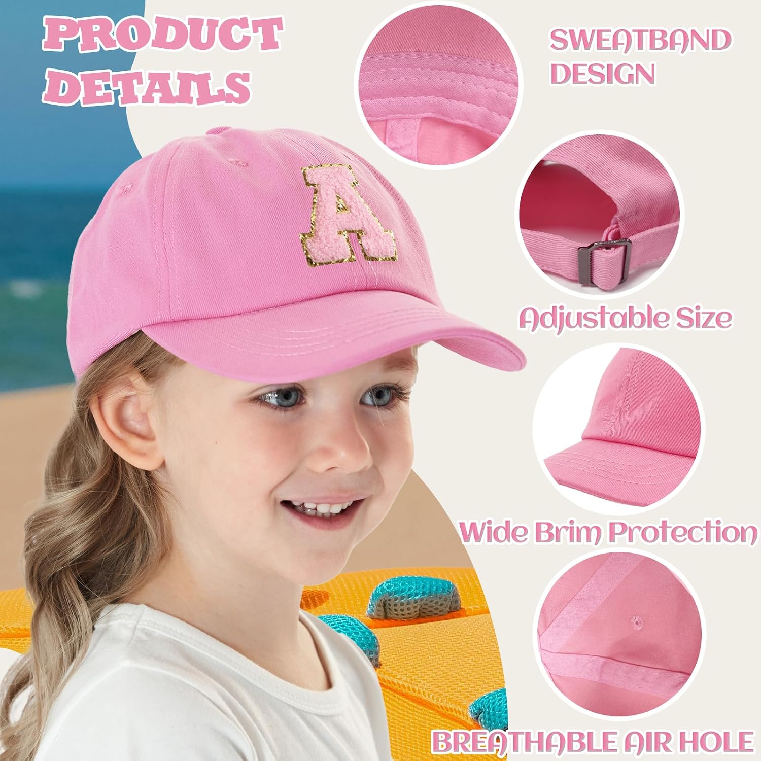 KMOLY Kids Baseball Cap Hat Cotton Cute Letter Adjustable Toddler Hat for Girls Unisex-Child Age 5-14 UPF 50+