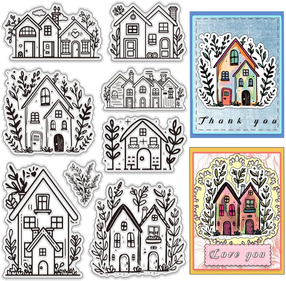 PH PandaHall House Theme Clear Stamps Set 8pcs Line Drawing Style Rubber Stamp Silicone Clear Stamps Reusable Transparent Stamps for Scrapbooking Journaling Card Making Album Photo Decoration