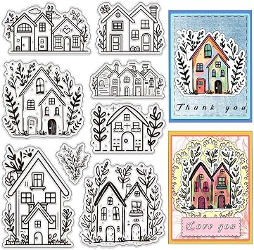 PH PandaHall House Theme Clear Stamps Set 8pcs Line Drawing Style Rubber Stamp Silicone Clear Stamps Reusable Transparent Stamps for Scrapbooking Journaling Card Making Album Photo Decoration