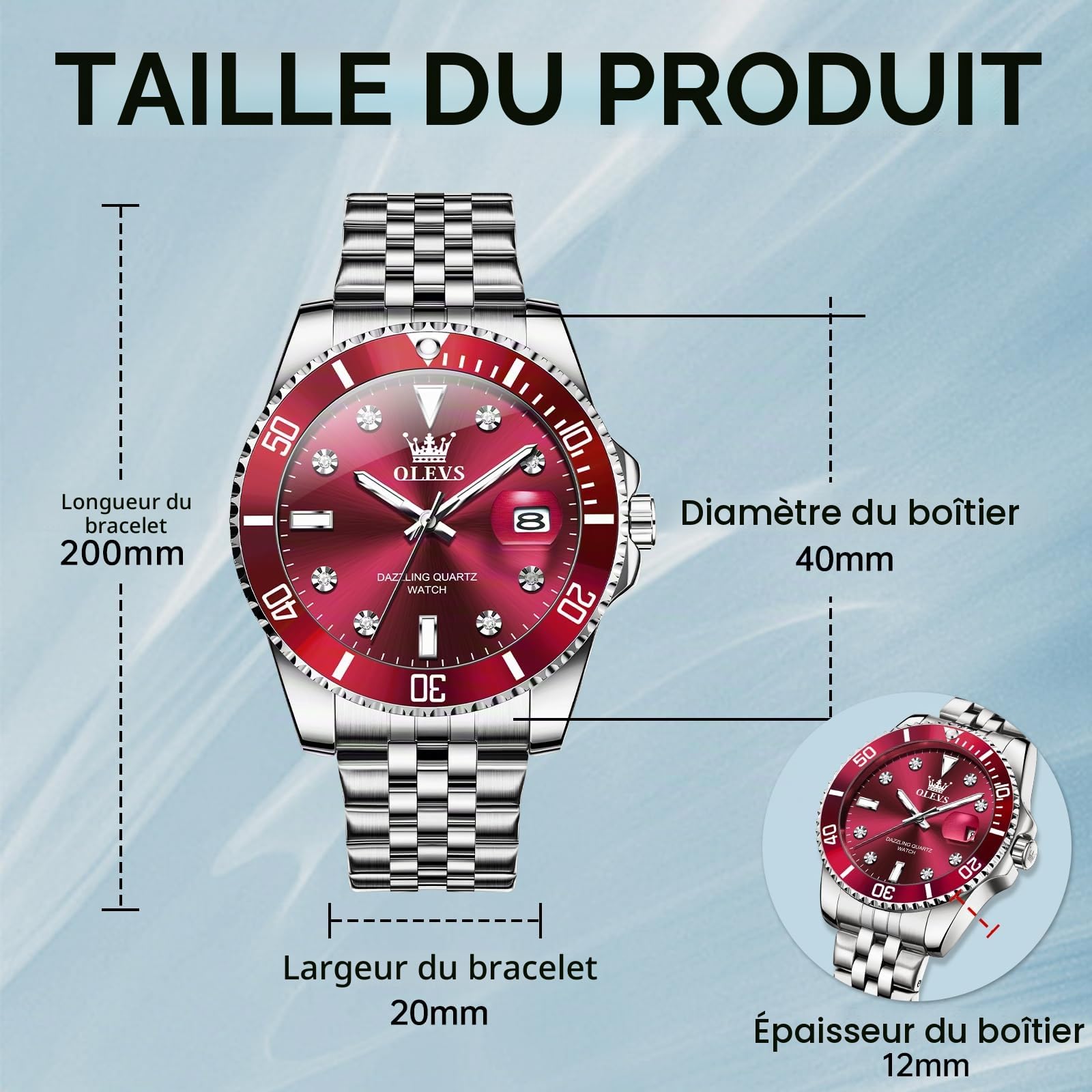 OLEVS Argent pour Hommes, Klassischer Großes Gesicht Montre à Quartz, Acier Inoxydable Facile à Lire Montre de Bracelet de Luxe pour Hommes