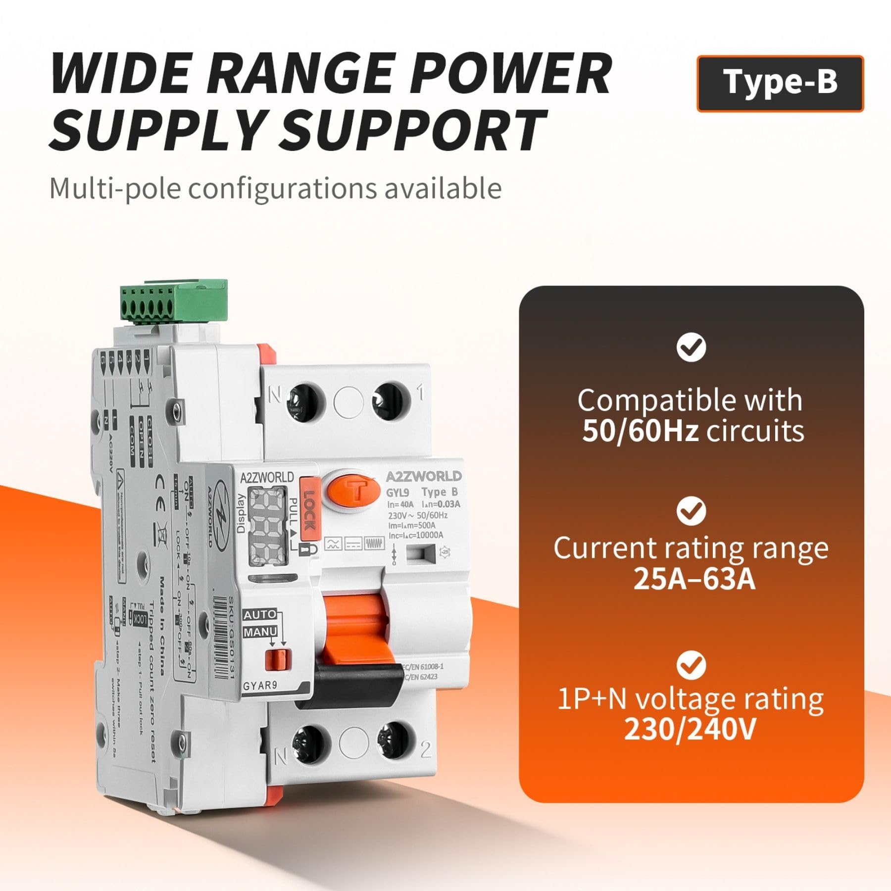 Interruptor diferencial tipo B Rearme automático 40A, RCCB salvavidas Clase B rearmable, 1P+N 10kA 300mA/0,3A, 3 módulos DIN, 3 intentos (10s/60s/300s)